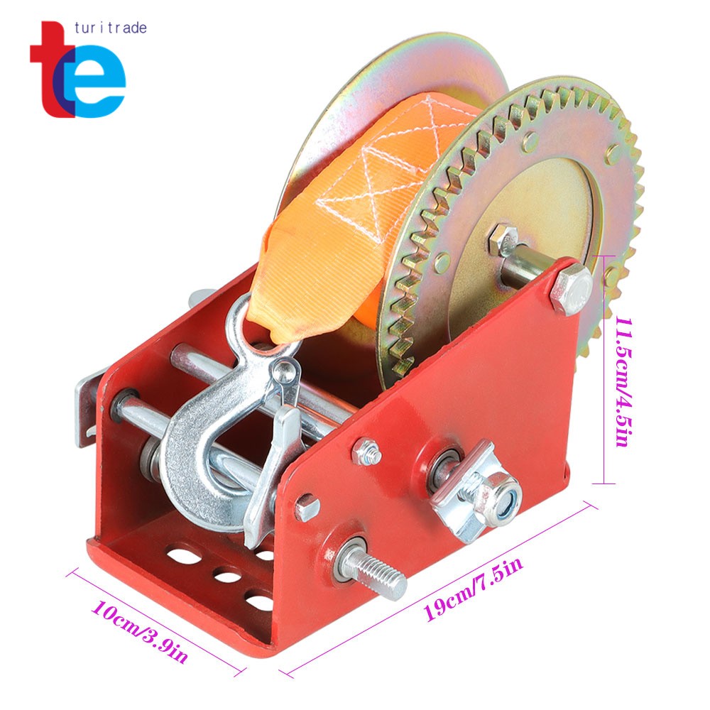 3500LBS Red Hand Winch Hand Crank 2 Gear Red Strap ATV Trailer Boat