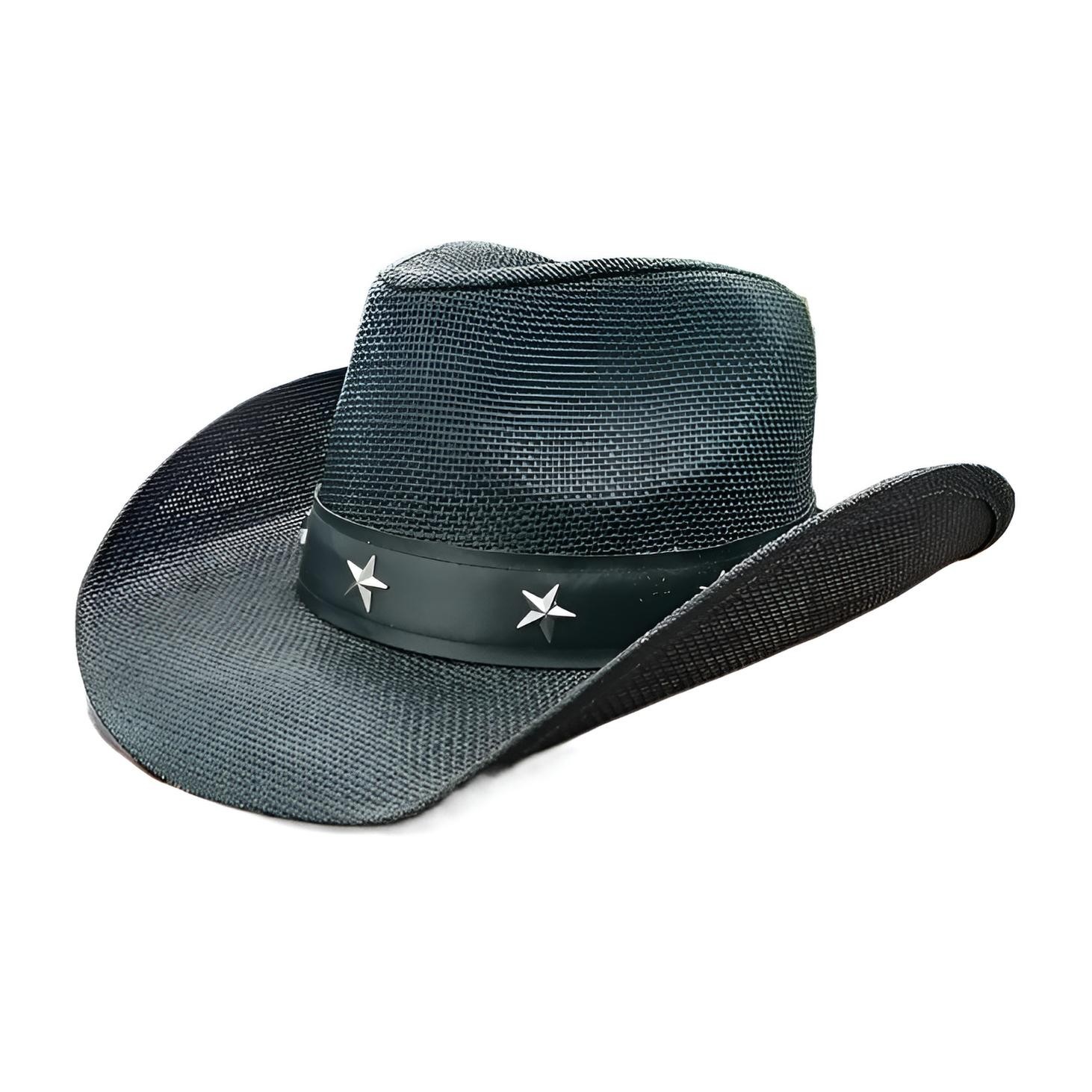 STRAW COWBOY HAT Black with Silver Star Black Band (Adult Size) Shipped in a Box