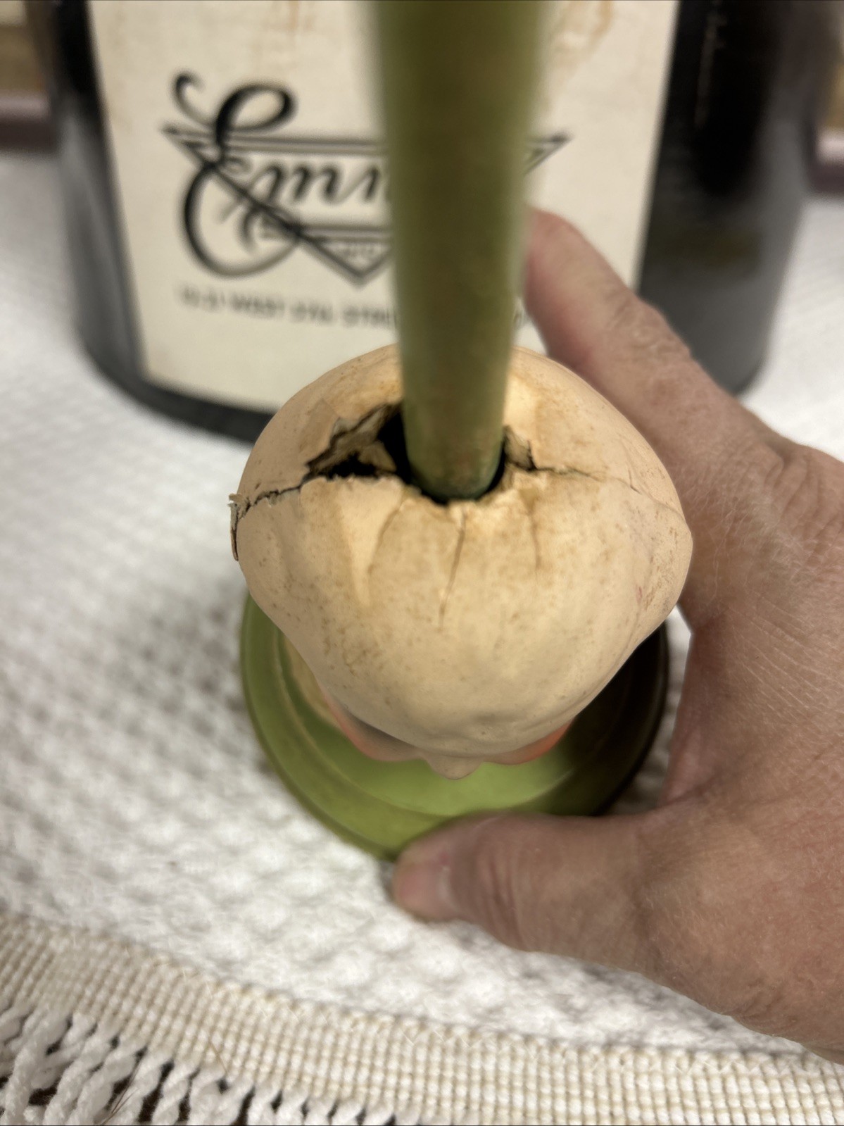 Antique Papier-Mâché Side Eyed Doll Head Girl Wood Hat Stand 9.5" Creepy Germany