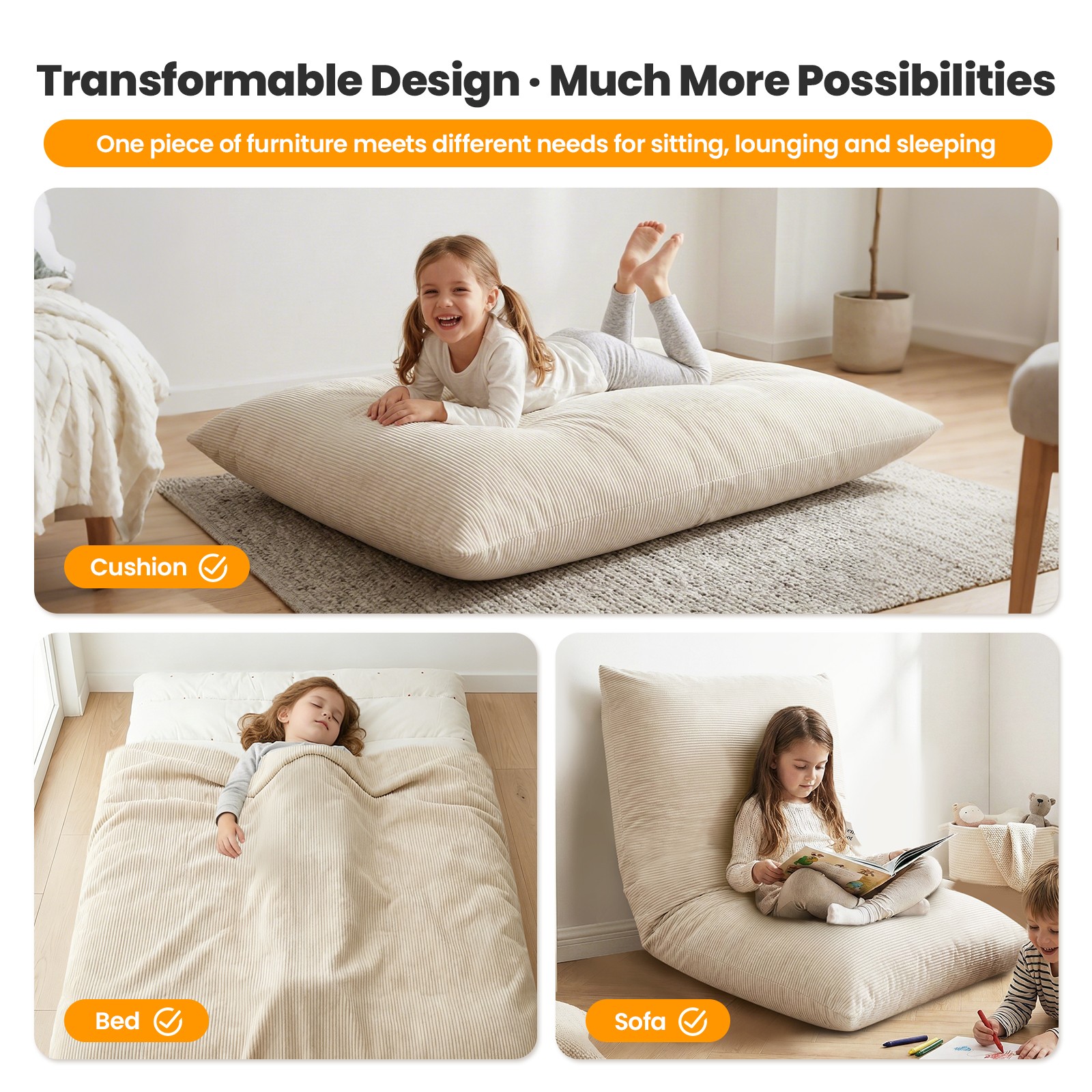 30x50 in Sponge Compression Sofa Chair Convertible Bean Bag w/ Cushion Washable