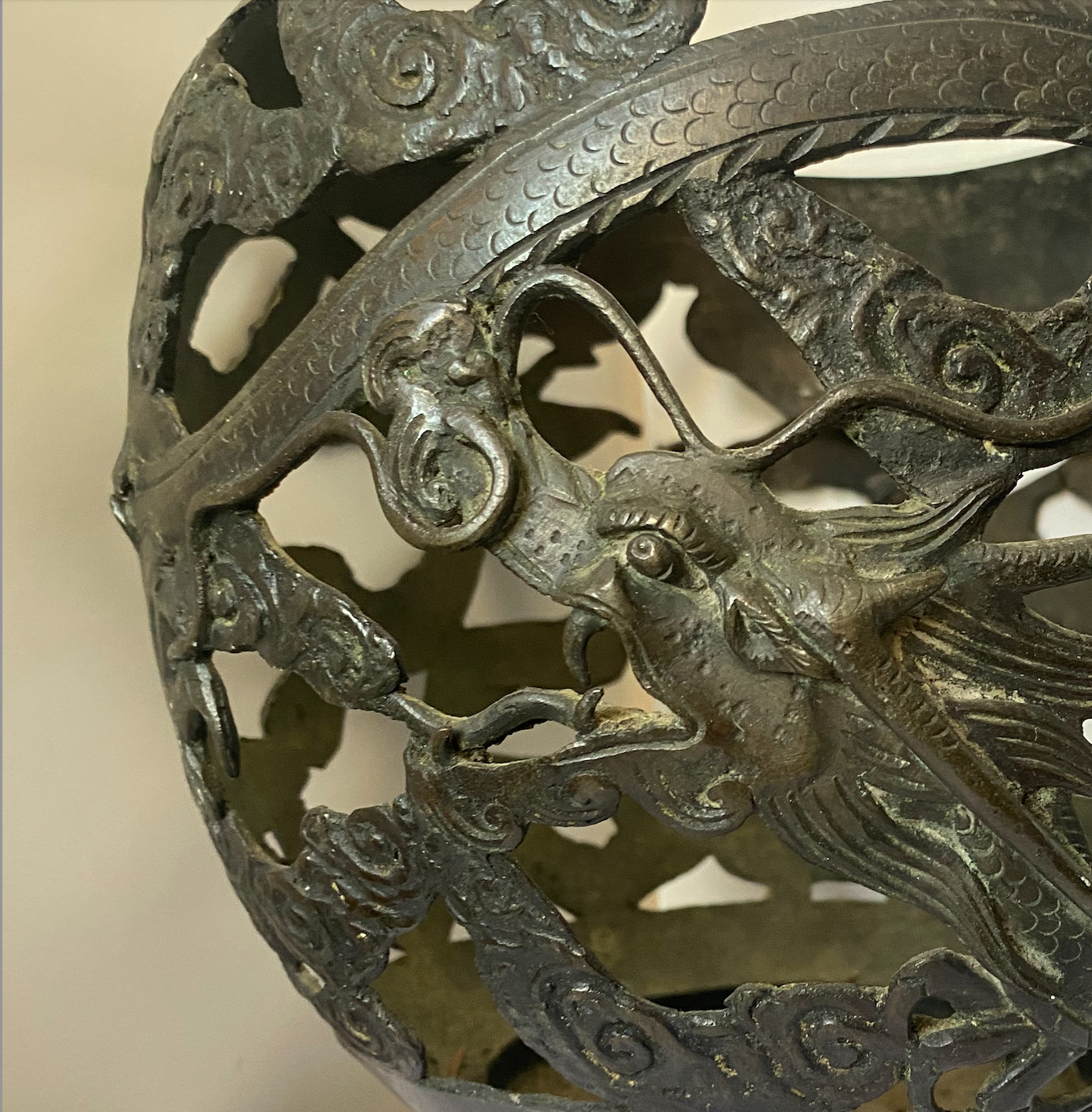 Antique Chinese Qing Dynasty Openwork Bronze with Dragon & Clouds 9” 4lbs c.1900