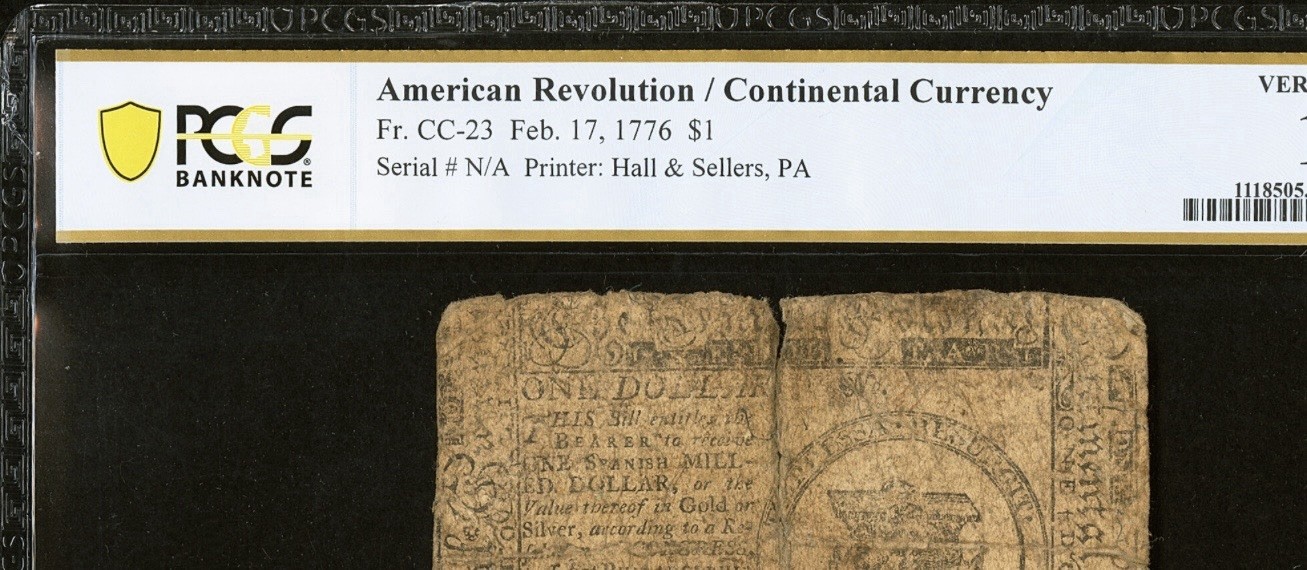 1776 American Revolution $1 Continental Currency, Colonial Banknote CC-23, PCGS