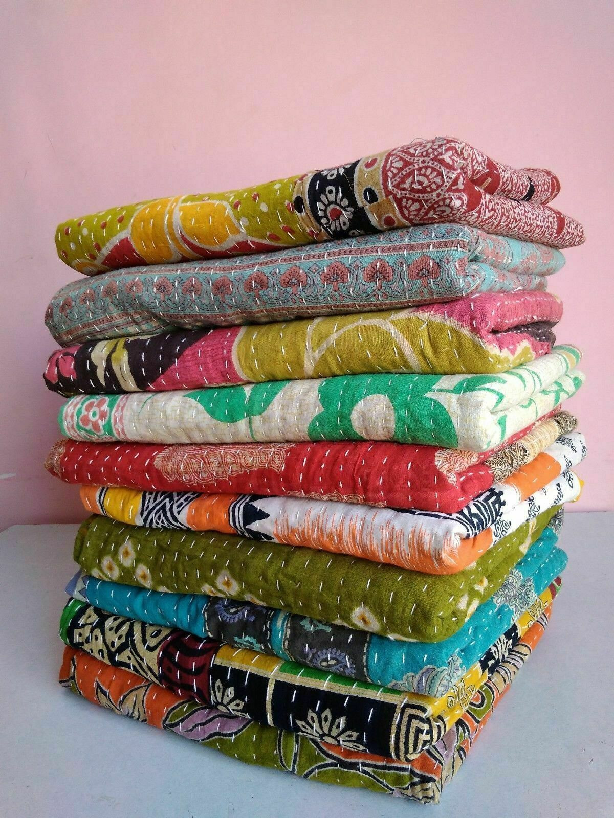 Wholesale Lot 10 PC Throw Blanket Kantha Quilt Indian Vintage Cotton Bedspreads