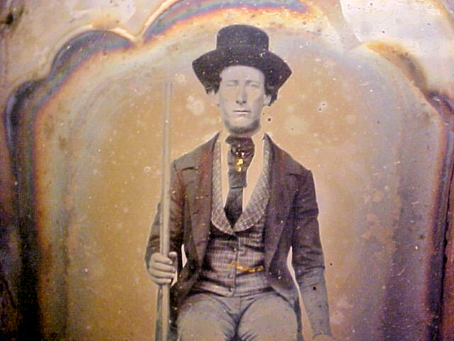 1850s Gold Stick Pin Prospector w/Satchel Ambrotype Glass Photograph 1/6 Plate