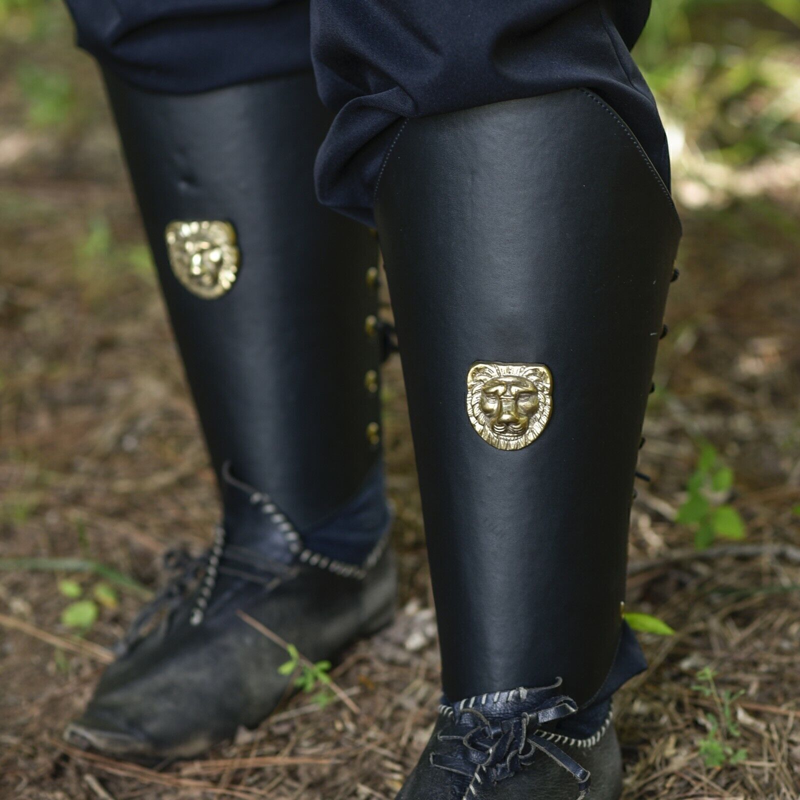 Warriors Call Genuine Black Leather Lion Leg Armor Greaves Pure Brass Detail