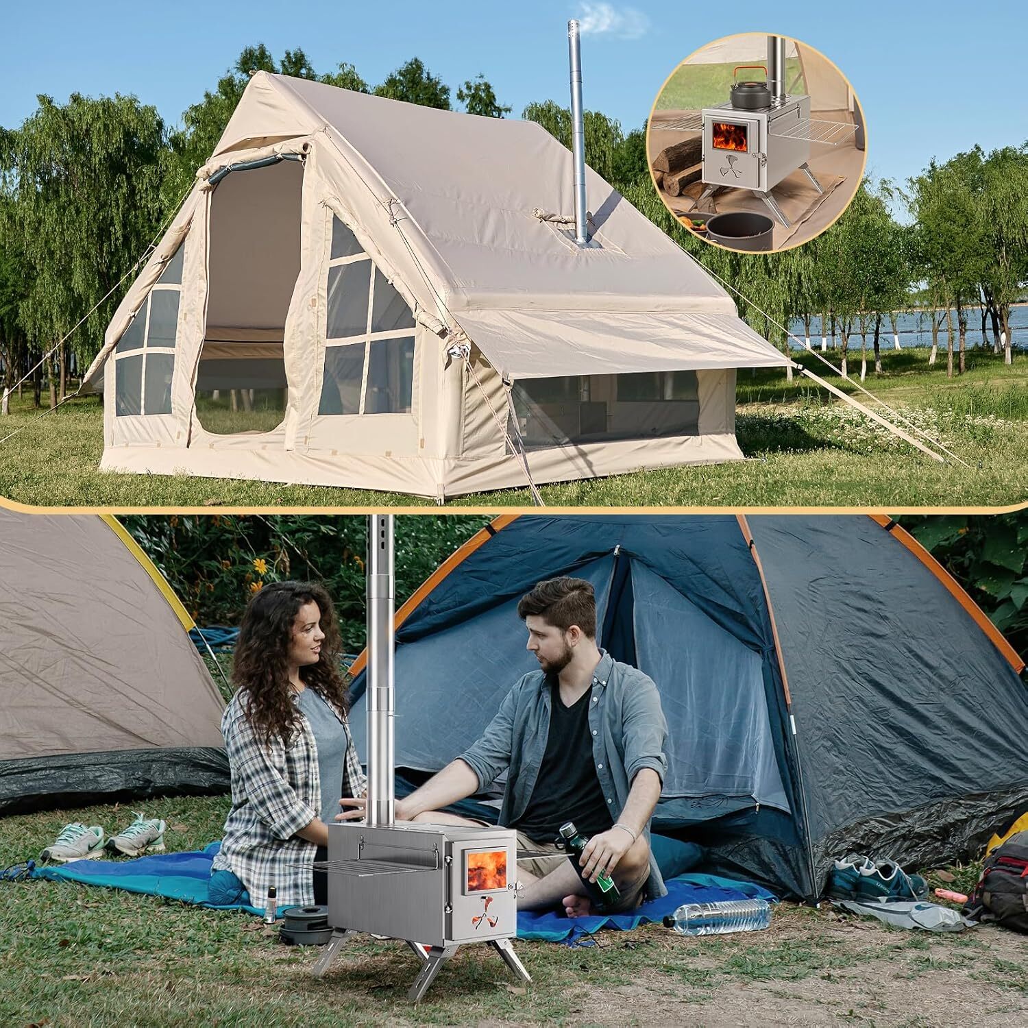 NAIZEA Folding Hot Tent Stove with 7 Section Chimney Pipes for HikingBackpacking