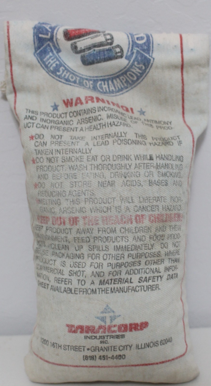 Vintage Cloth Bag 25lb LAWRENCE BRAND CHILLED LEAD SHOT No. 7 1/2 EMPTY BAG ONLY