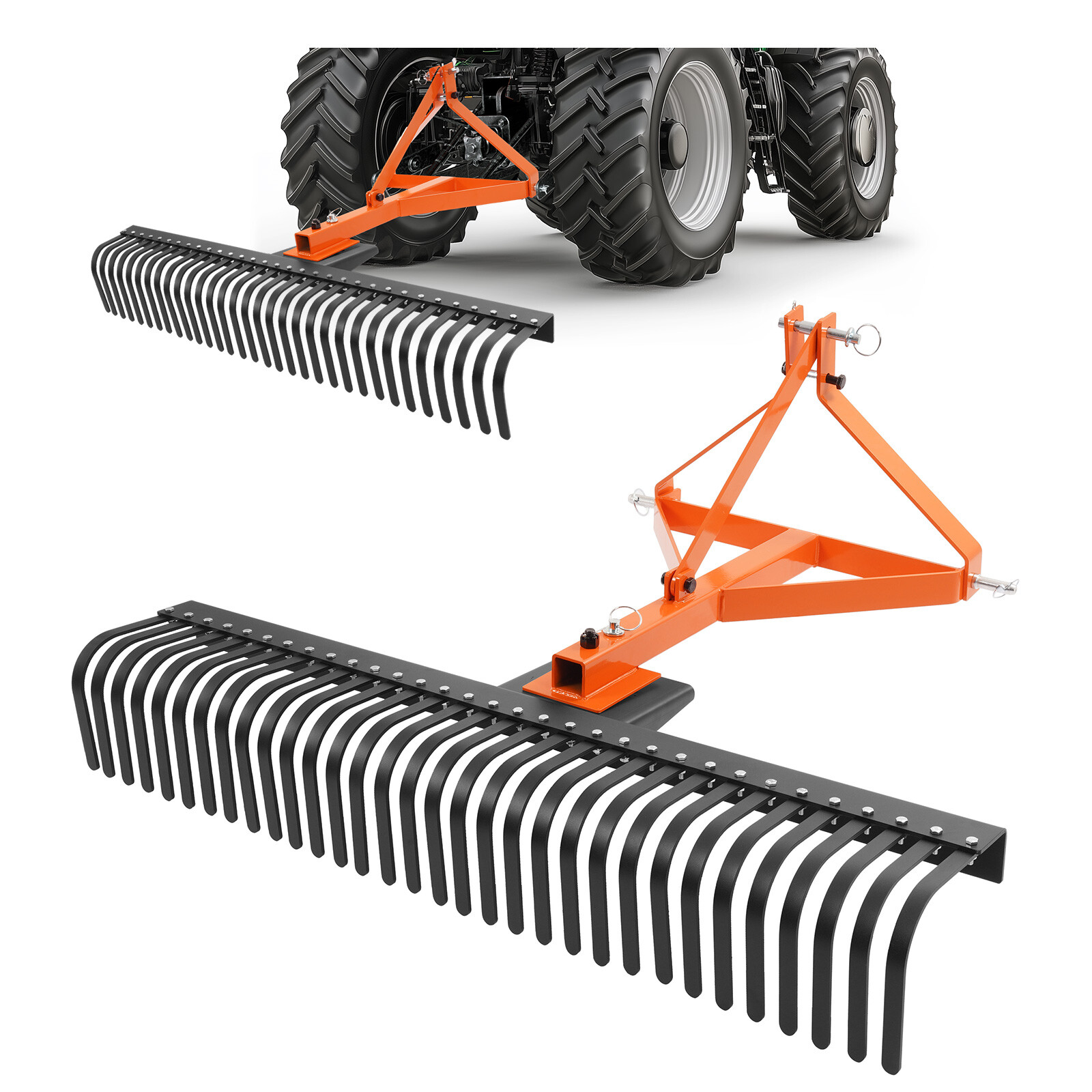 3-Point Landscape Rock Rake 60" Garden Tool For Cat 1 Tractor 360° Grass Comb