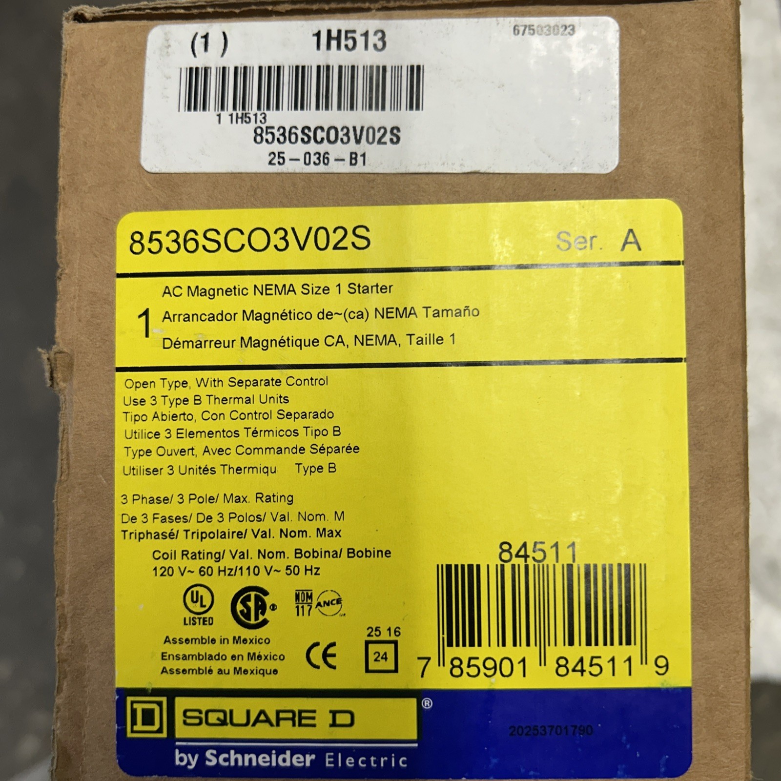 SQUARE D 8536SCO3V02S AC MAGNETIC NEMA SIZE 1 STARTER 84511 SCHNEIDER NEW IN BOX