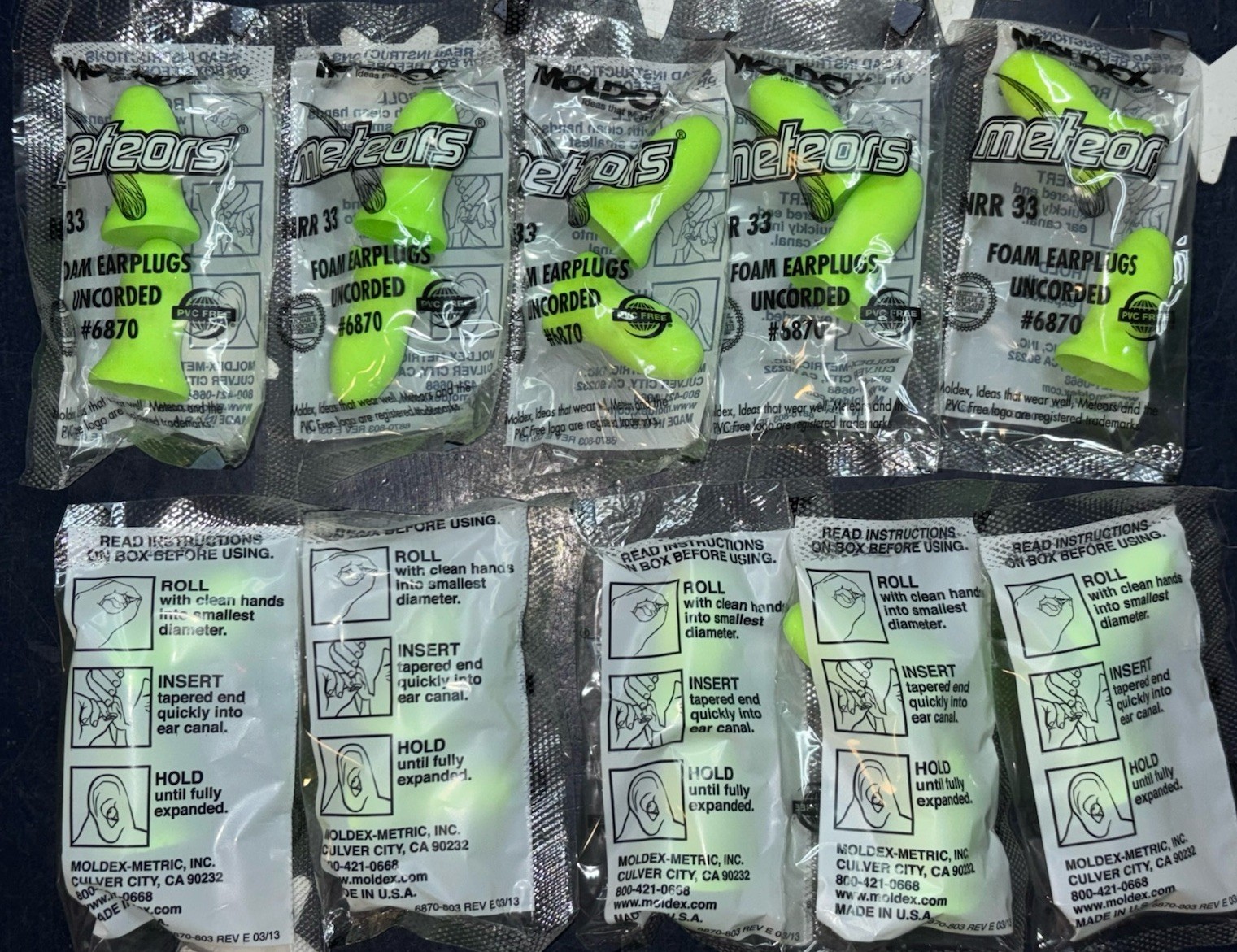 10 Pair Travel Airplane Safe MOLDEX 6870 Meteors NRR 33db Earplugs UNCORDED