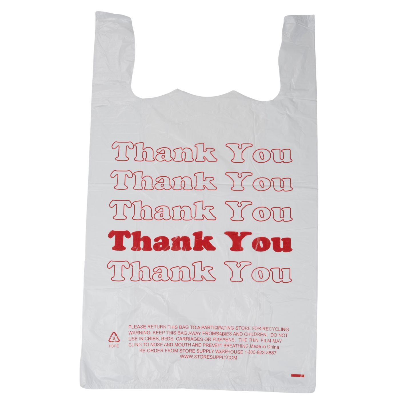 Large Plastic Thank You Bags (T-Shirt Bags) 18" x 8" x 30" - Case of 500