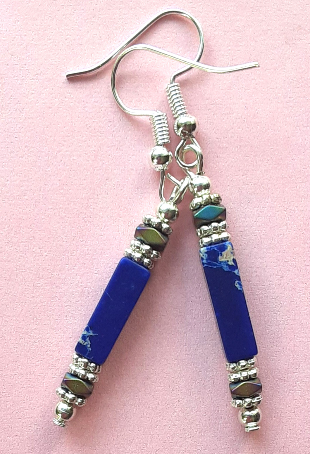 JASPER royal blue Hematite Crystal earring SP Fish Hook handcrafted XGE