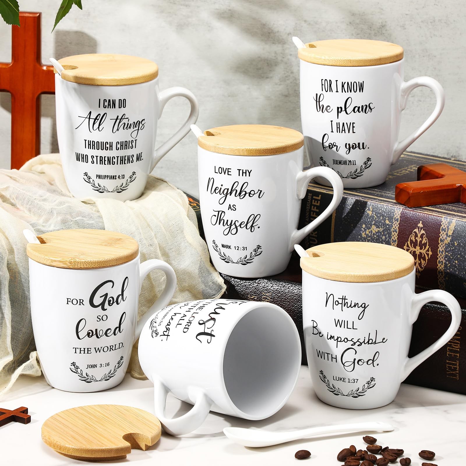 6 Set Christian Mugs Bulk 12oz Inspirational Bible Verse Ceramic Coffee Mug with