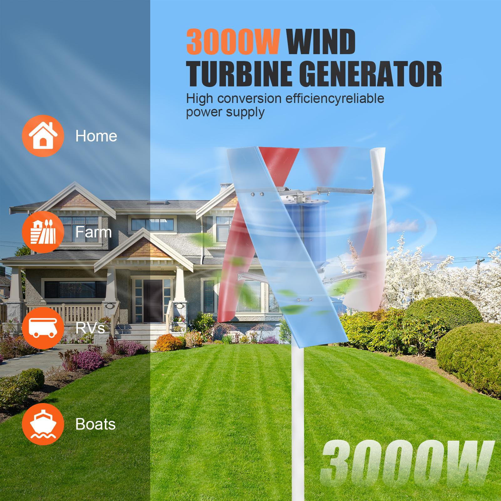 3000W Vertical Axis Wind Turbine Generator AC 24V Controller Home Windmill Kit