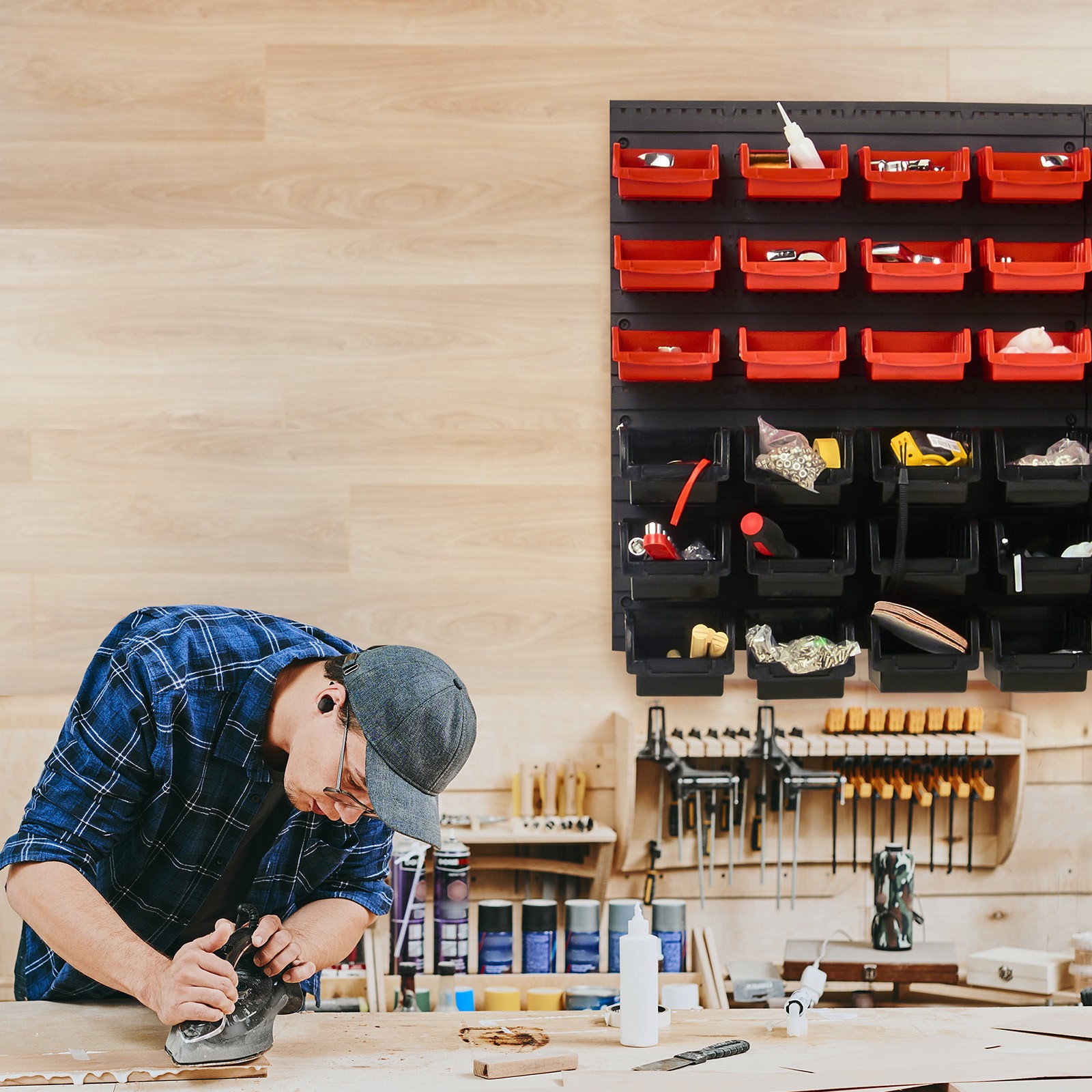 VEVOR Wall Mounted Storage Bins Small Parts Organizer Garage Tool Rack 48 Bins