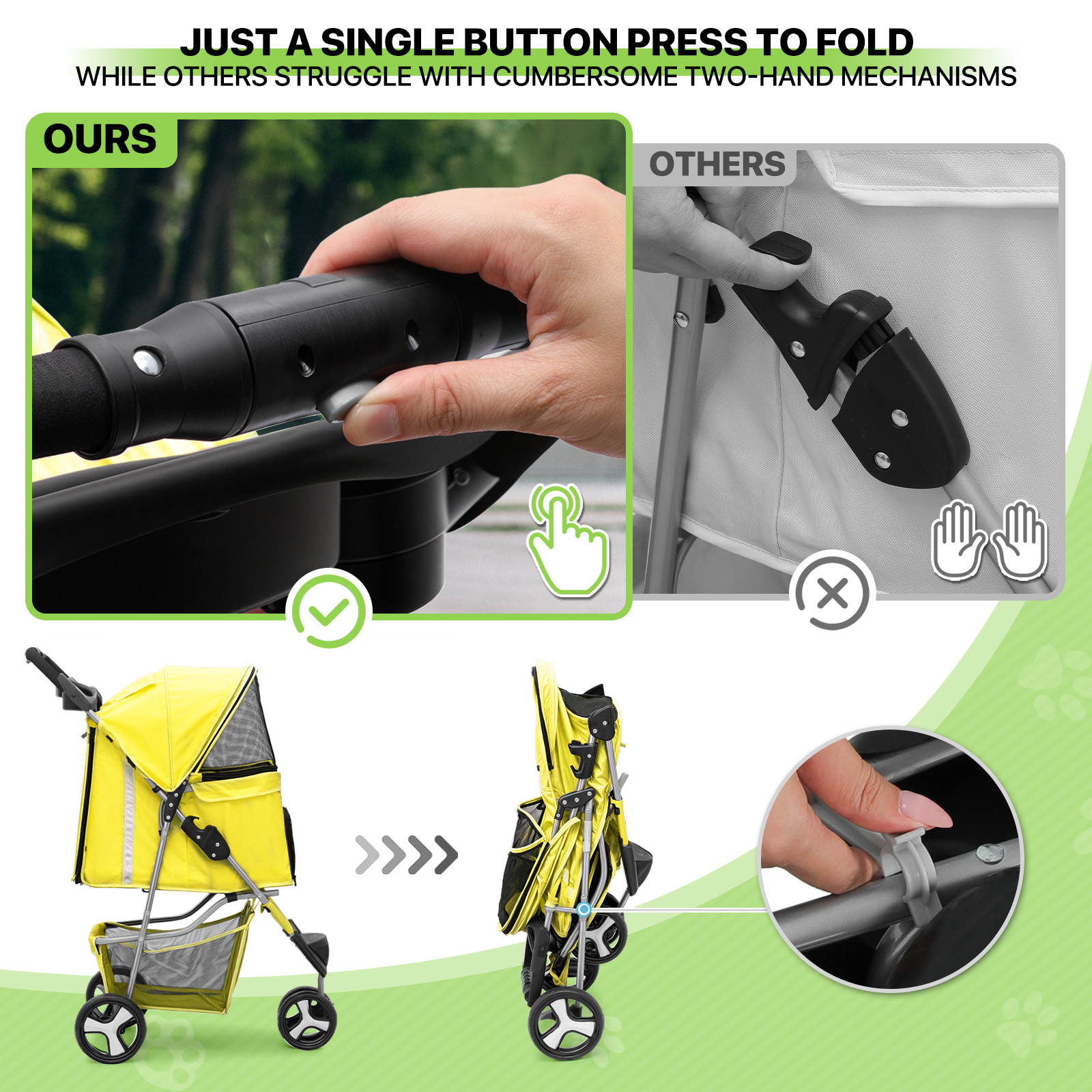 Yellow Foldable Dog Stroller Portable Pet Cat Carrier Cart w/Adjustable Sunshade