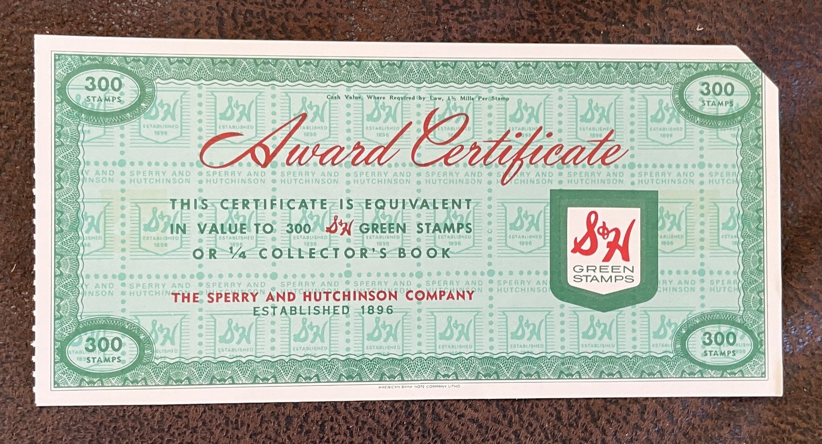 S&H Green Stamps Award Certificate 300 Stamps