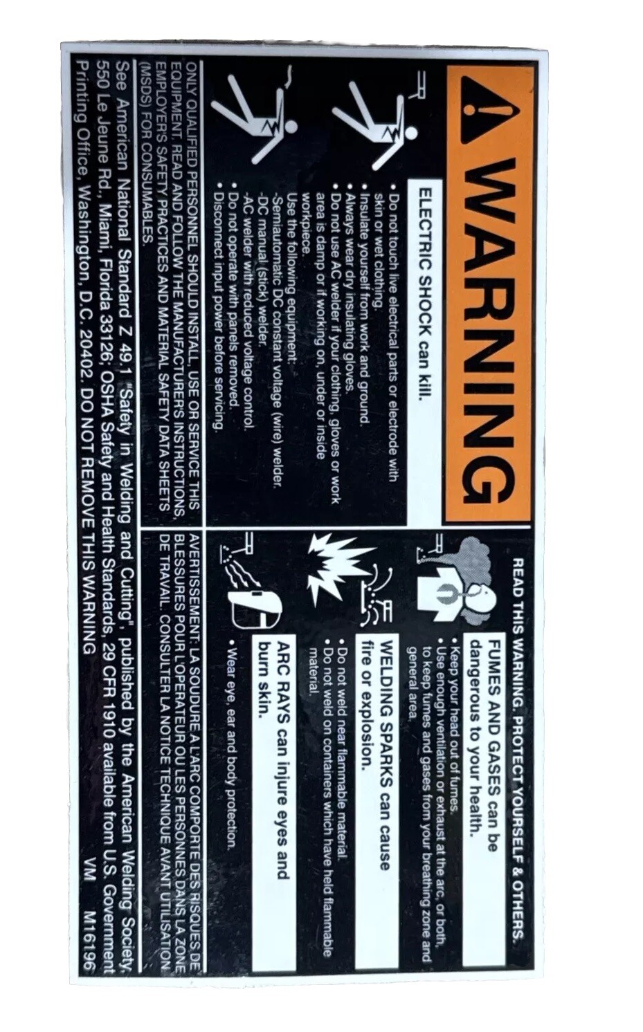 Lincoln Electric 9SM16196 DECAL-WARNING M16196 Sticker