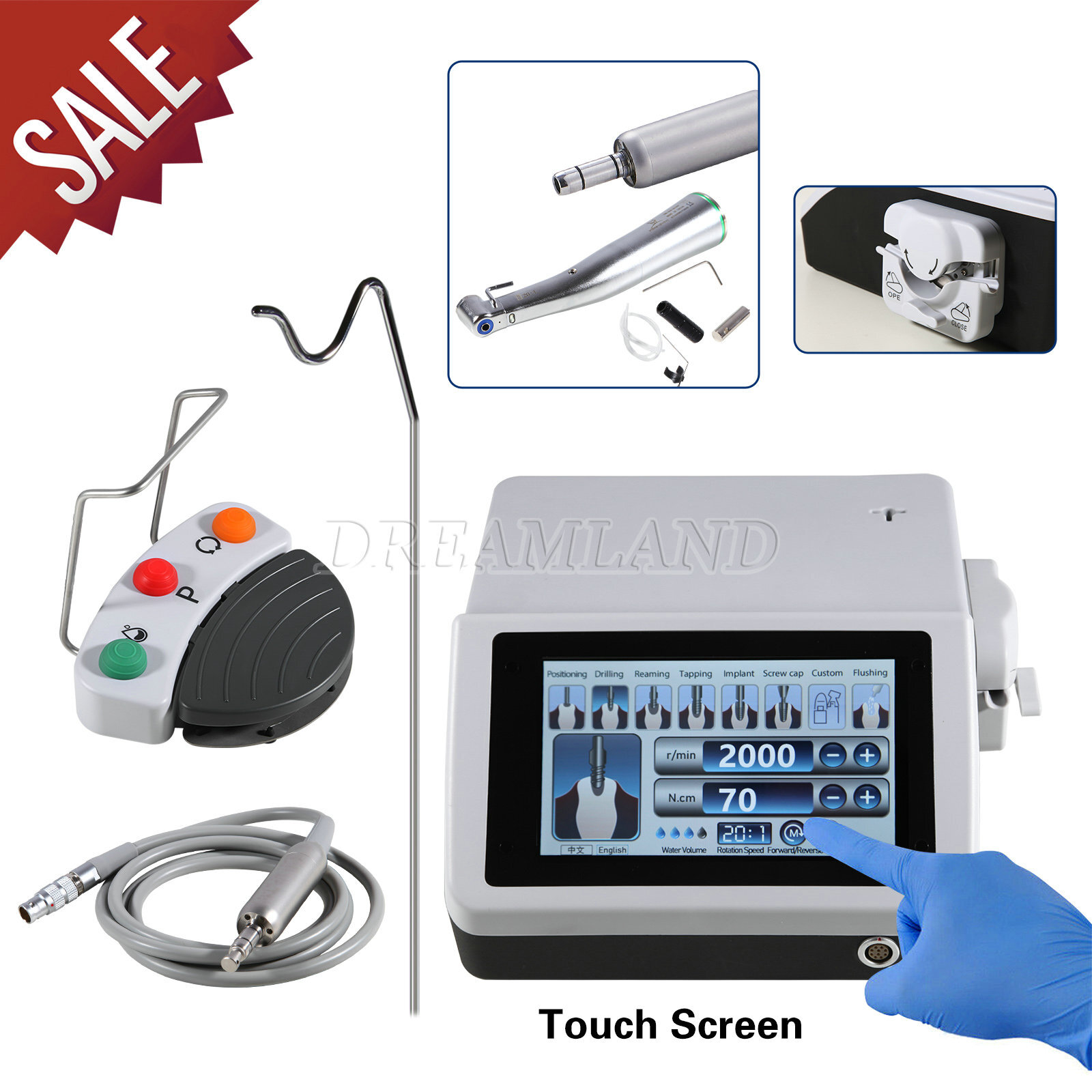Dental Surgical Implant Motor Touch Screen w/ LED Fiber Optic 20:1 Contra Angle