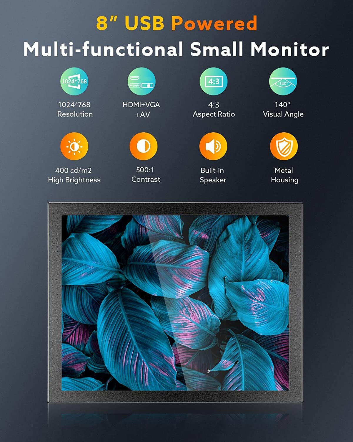 8" Small HD Monitor 1024x768 Built-in Speaker for CCTV CCD HDMI/VGA/AV for PS5