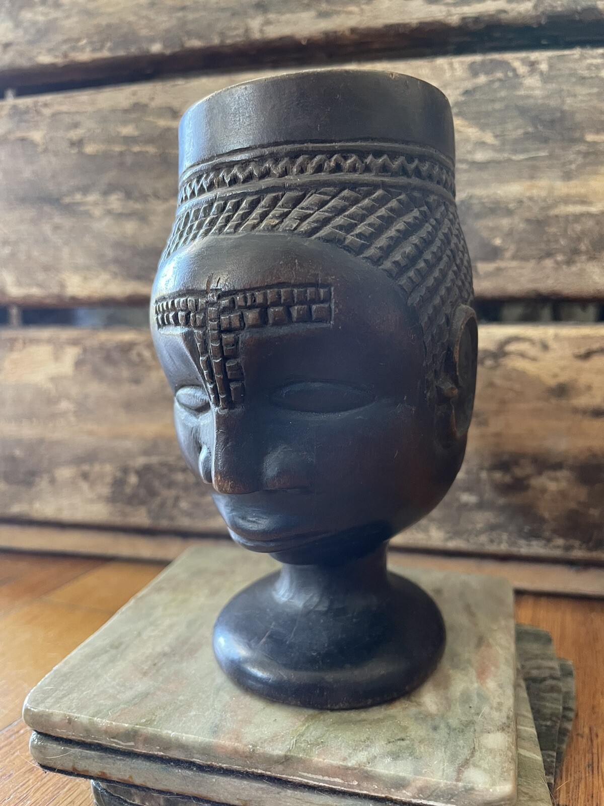Vintage / Antique African Kuba Cup Wood Carved Palm Wine DRC Ceremonial Signed!