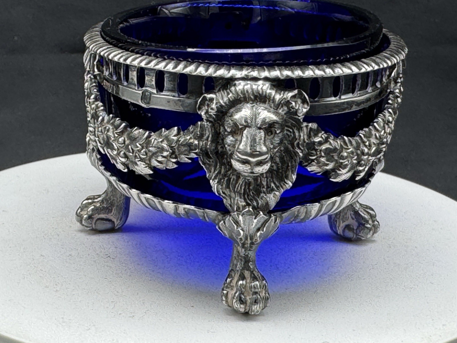 ANTIQUE FRENCH STERLING SILVER MASTER SALT CELLAR W/ COBALT BLUE GLASS INSERT