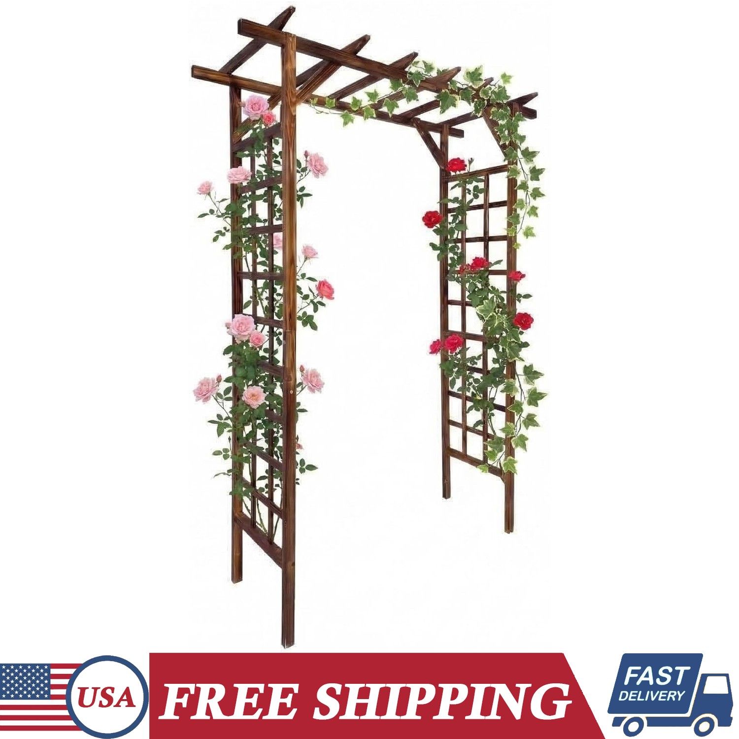 7FT Garden Arbor Flat Top Wooden Wedding Arches with Trellis for Climbing Plants