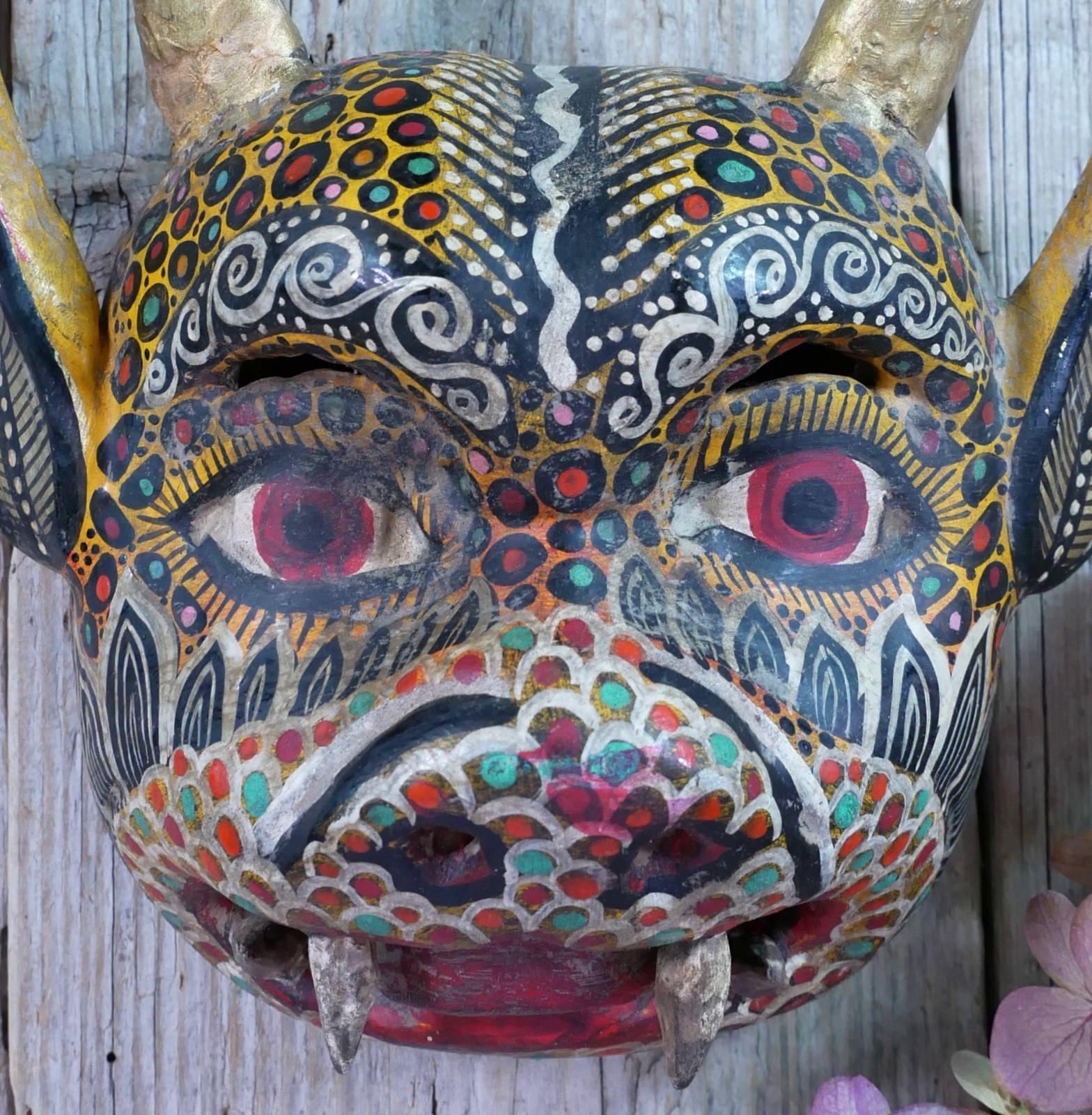 Devil Demon Wood Mask Real Goat Horns Handmade Guerrero Nahua Mexican Folk Art