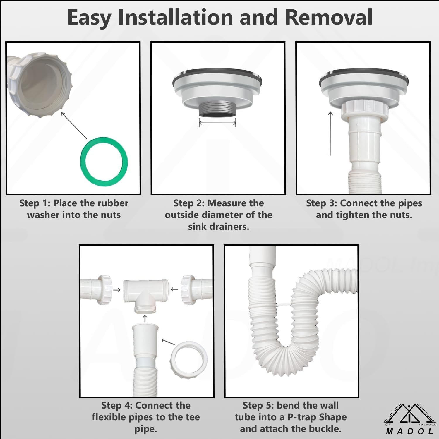 Kitchen Sink Drain Kit, 1-1/2” All-in-One Corrugated Flexible Pipe Set