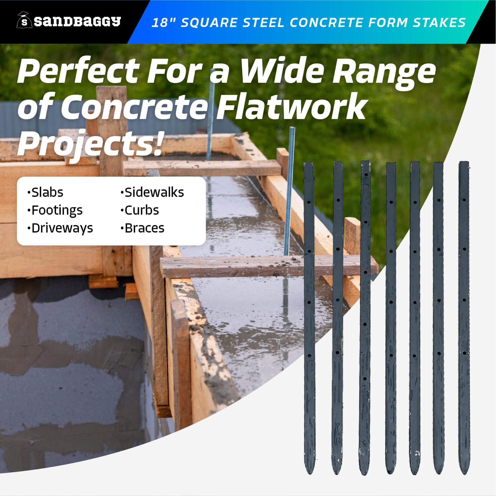 Sandbaggy 5/8" x 18" Square Steel Concrete Form Stakes w/ Nail Holes - Rebar Pin