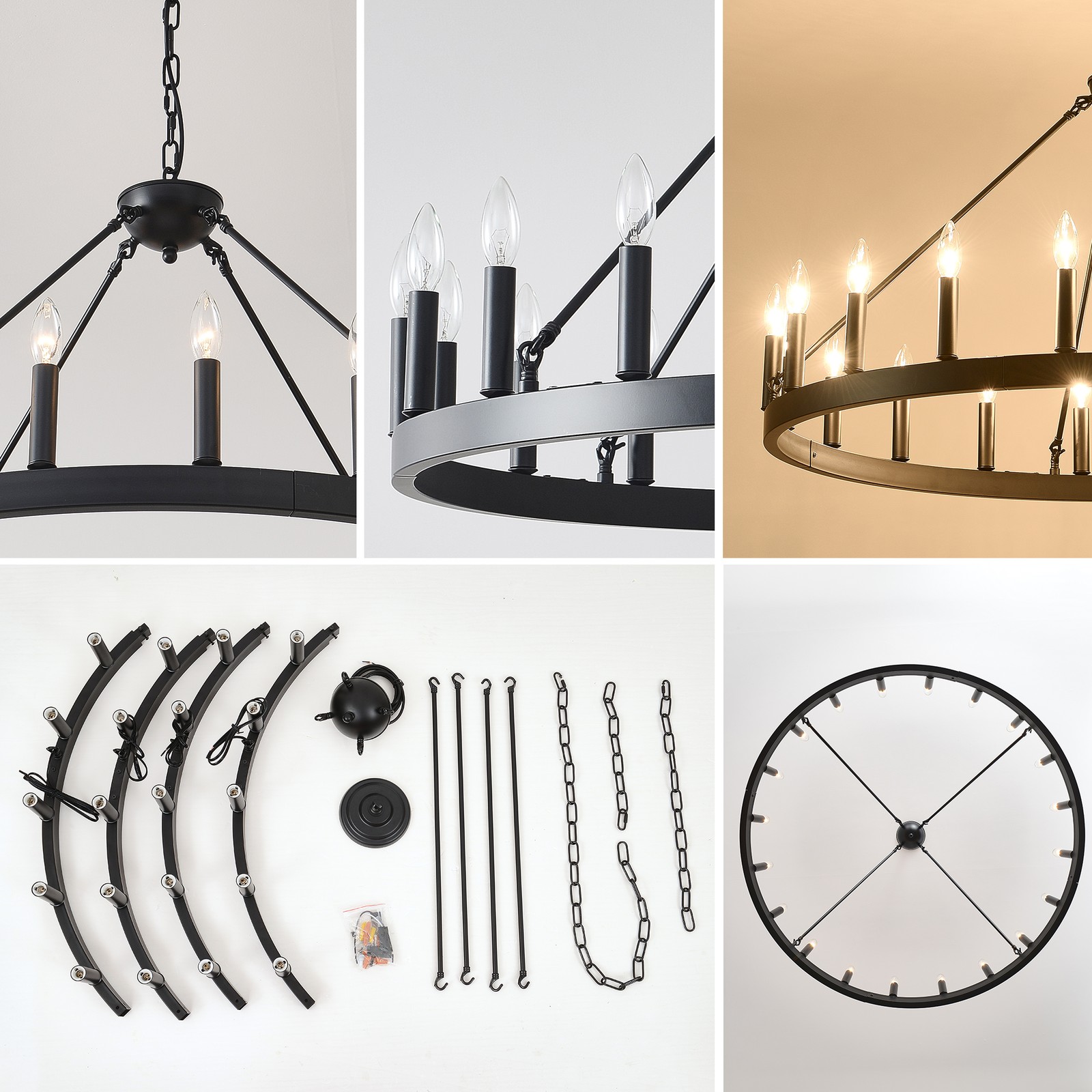 40'' Pendant 20 Light Wagon Wheel Black Farmhouse Chandelier Living Room Fixture