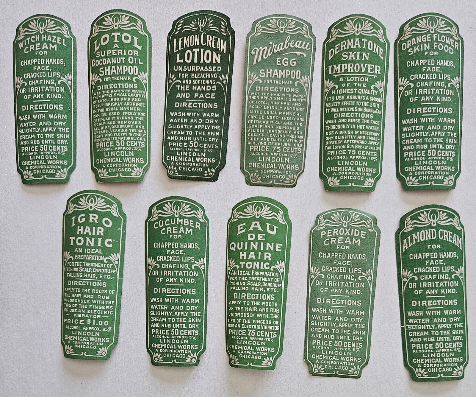 Lot of 11 Different Vintage 1910s Health & Beauty Labels Lincoln Chemical Works
