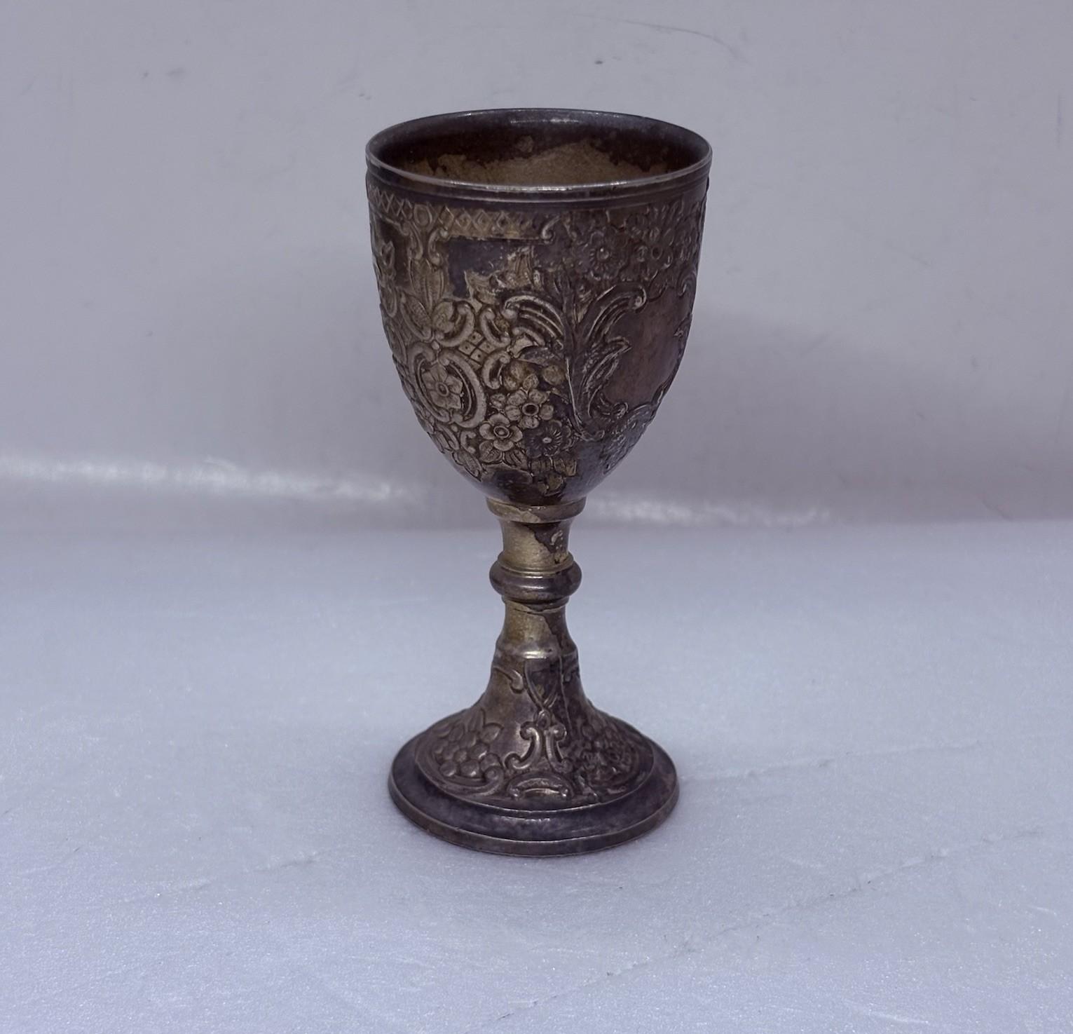 Vintage Hallmarked Silver Plated Chalice Cup 3.5” Embossed Floral Art Decor 22