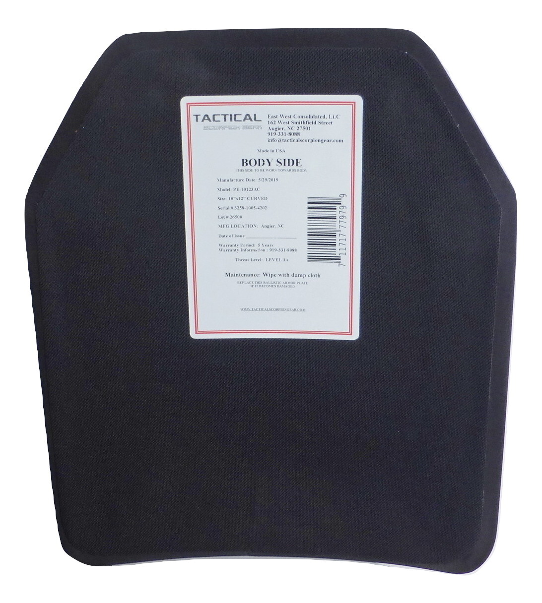 Tactical Scorpion Stab Level IIIA PE Hard Curve Body Armor Plate | Size Choice