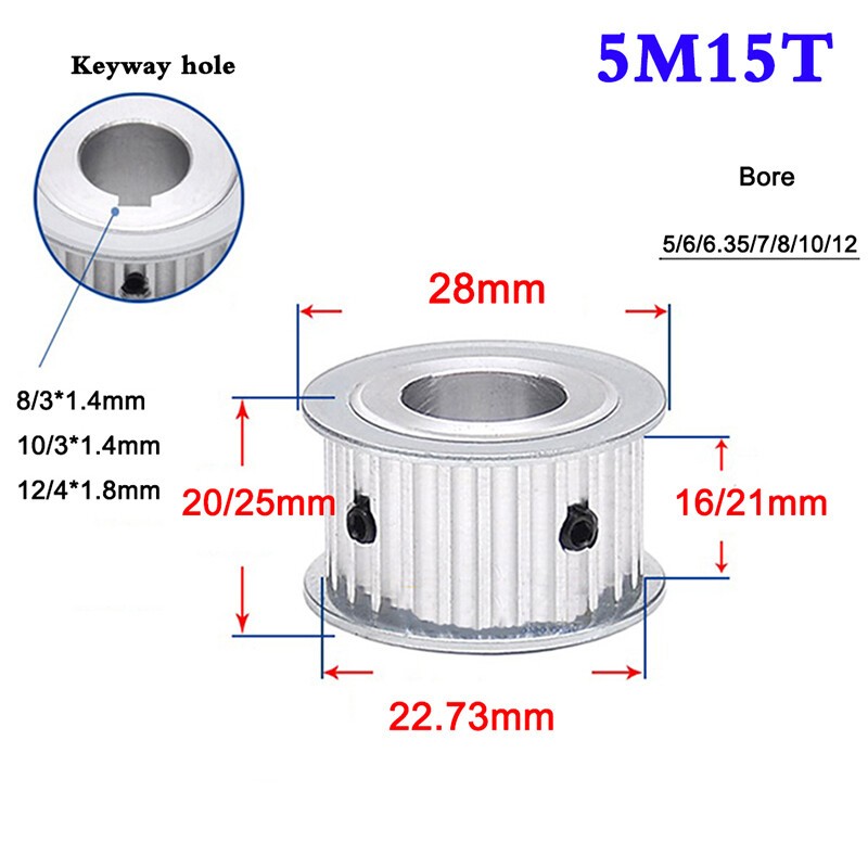 HTD 5M Timing Belt Pulley AF-Type 15T - 100T Keyway Hole, for 15/20mm Wide Belt