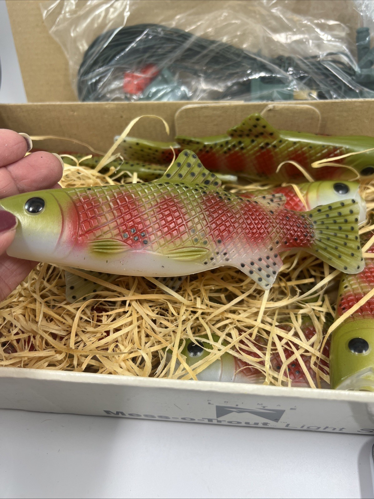 Vintage 1987 Blow Mold Mess-o-Trout Fish String Lights 10 Fish & Lights NOB