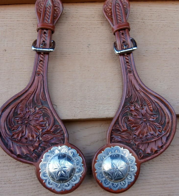Visalia Style Scalliped Edge Domed 2 in.Silver Concho Tooled Spur Straps
