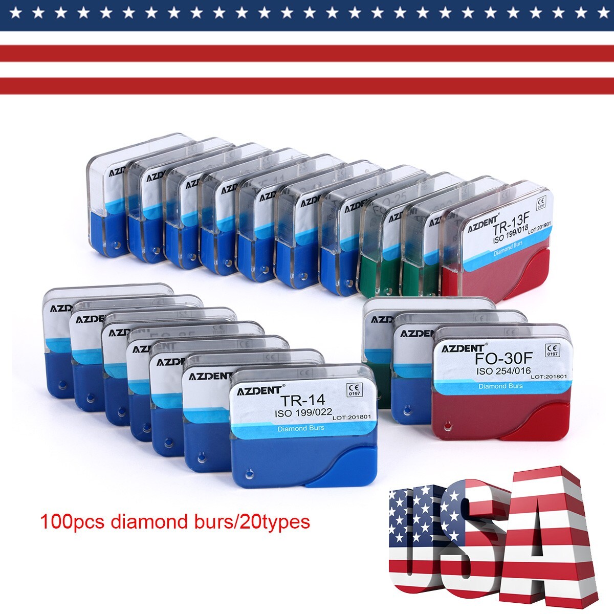 100Pcs AZDENT Dental Diamond Burs High Speed Handpiece Friction Grip 20 Types