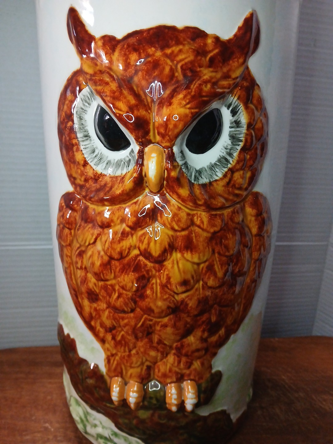 VTG Brown Owl Reversible Barn Scene Umbrella Stand Cane Stick Holder 70s READ