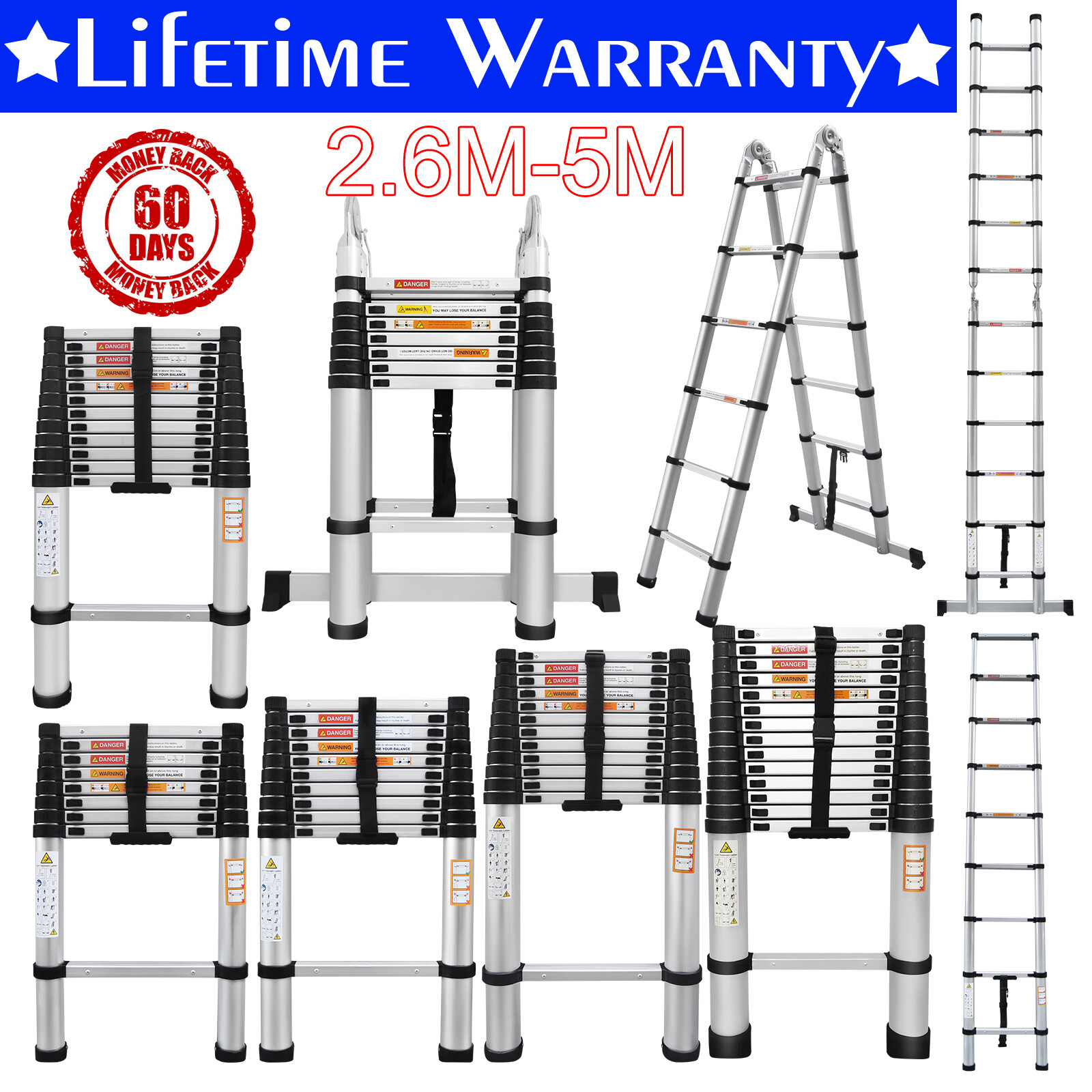 8.5Ft-16.5Ft Telescoping Folding Ladder Aluminum Extension Max Capacity 330 lbs
