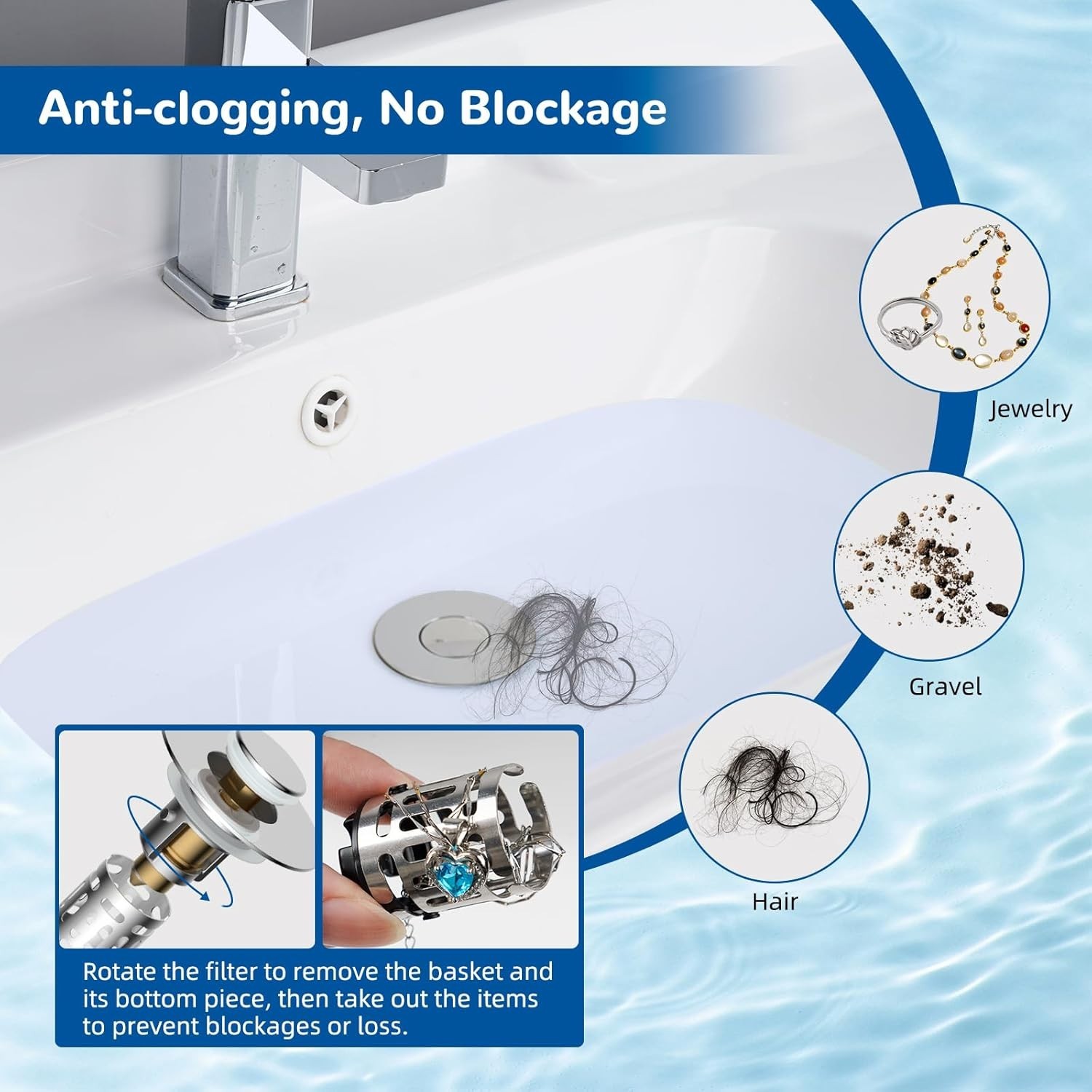 3-in-1 Bathroom Sink Plug - Rebound Pop-Up Drain Filter & Washbasin Core