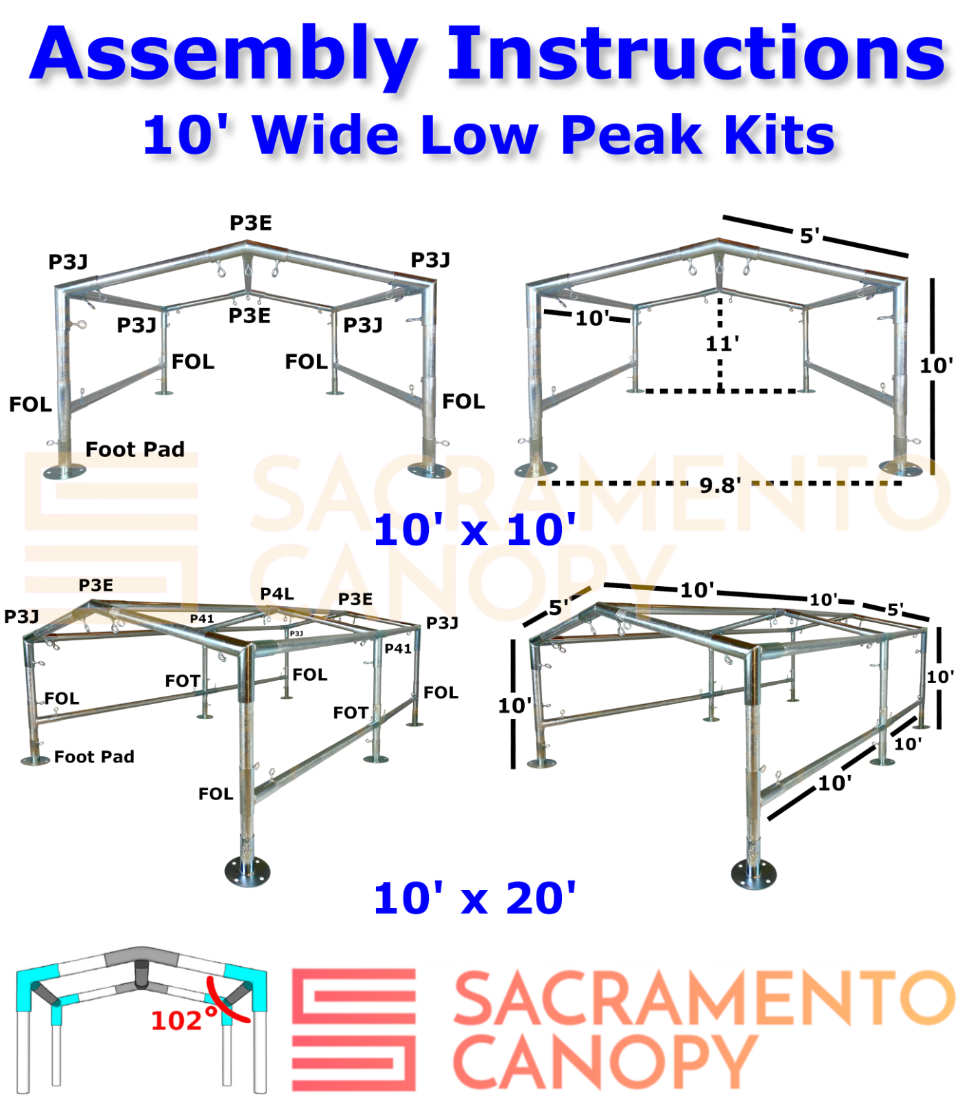 Low Peak Canopy Fittings Kits, DIY Carport or Greenhouse, EMT Connector Parts