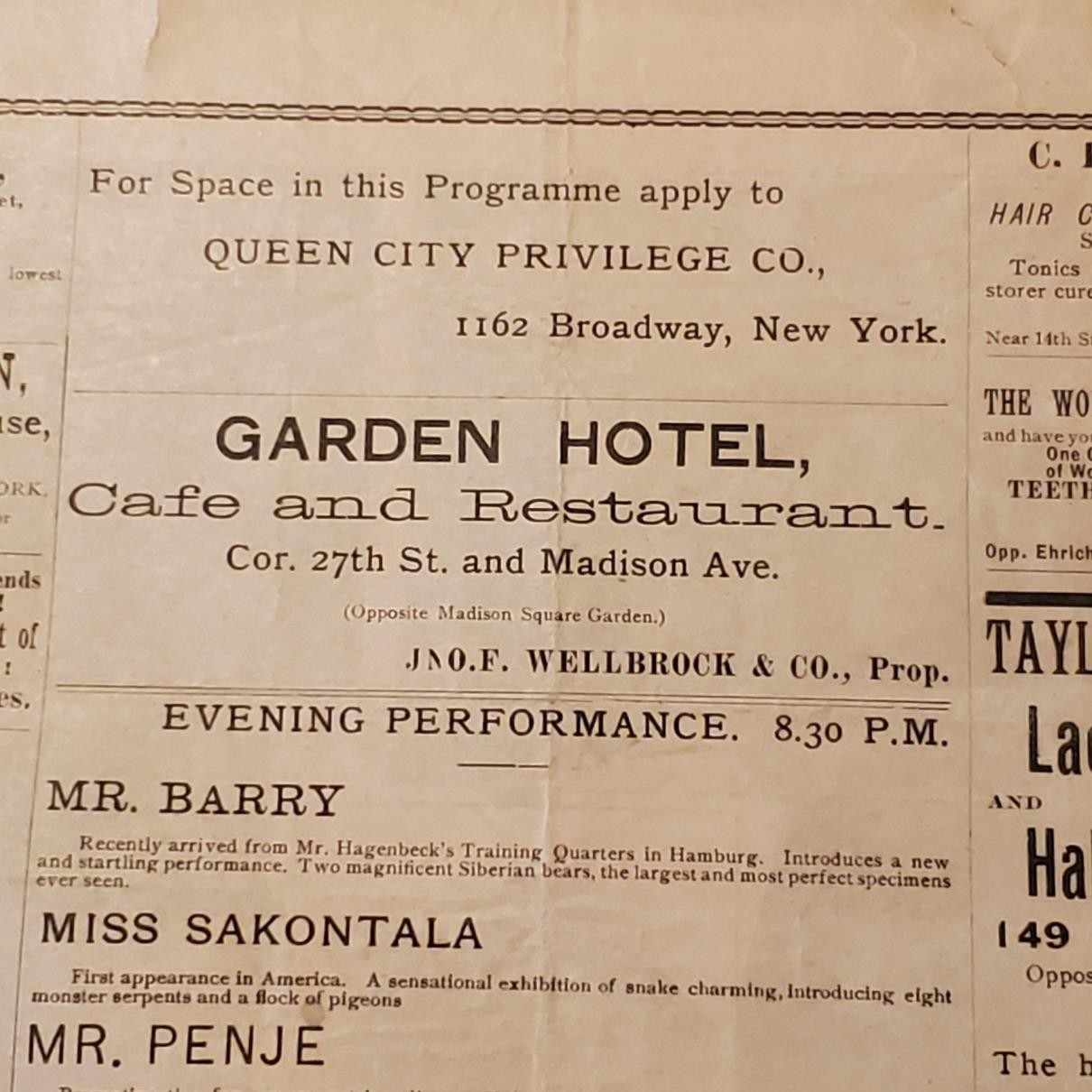 5157----1894 Madison Square Garden weekly bulletin NYC theatre + performances