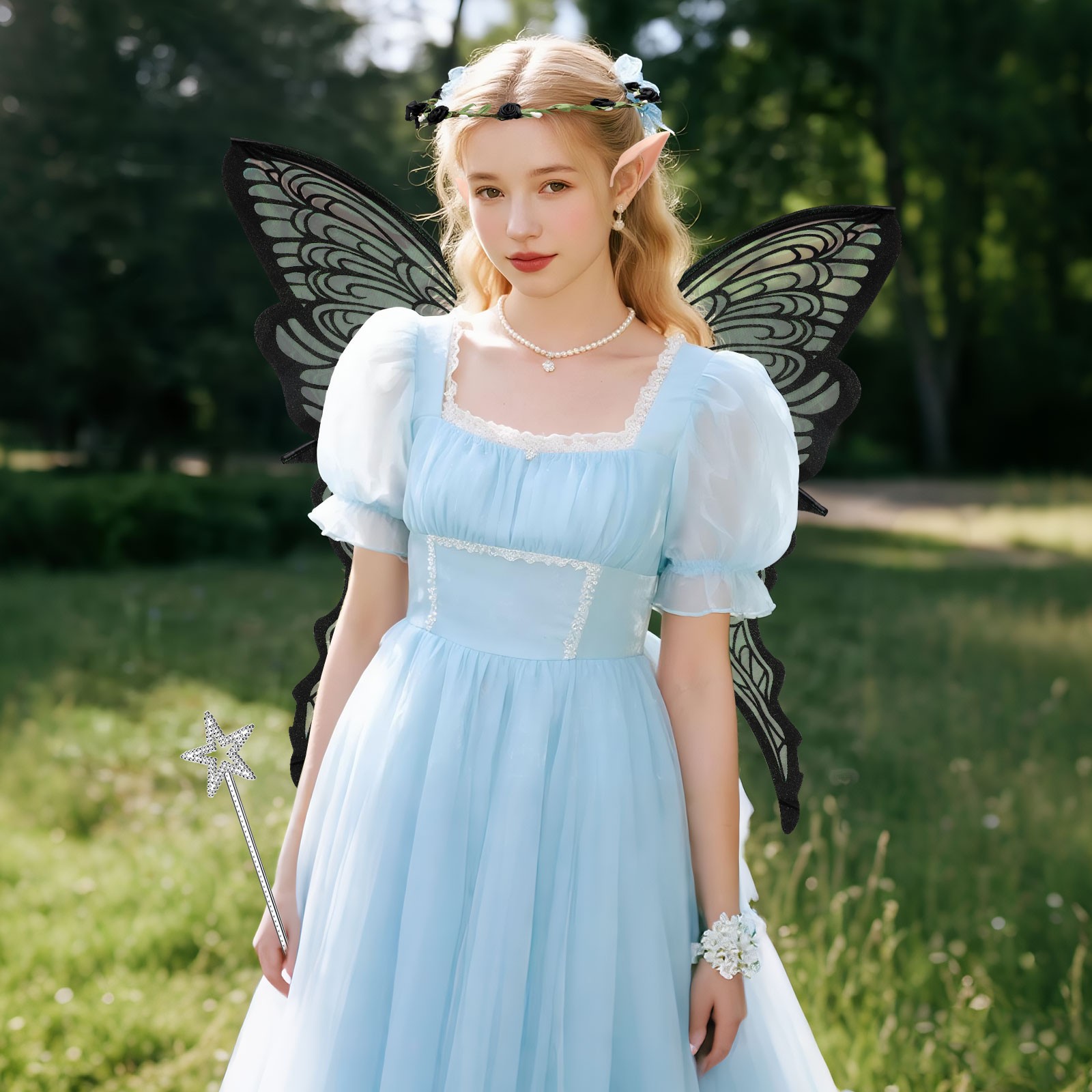 Adult Butterfly Fairy Wings Set Cosplay Costume W/ Wand & Elf Ears for Halloween