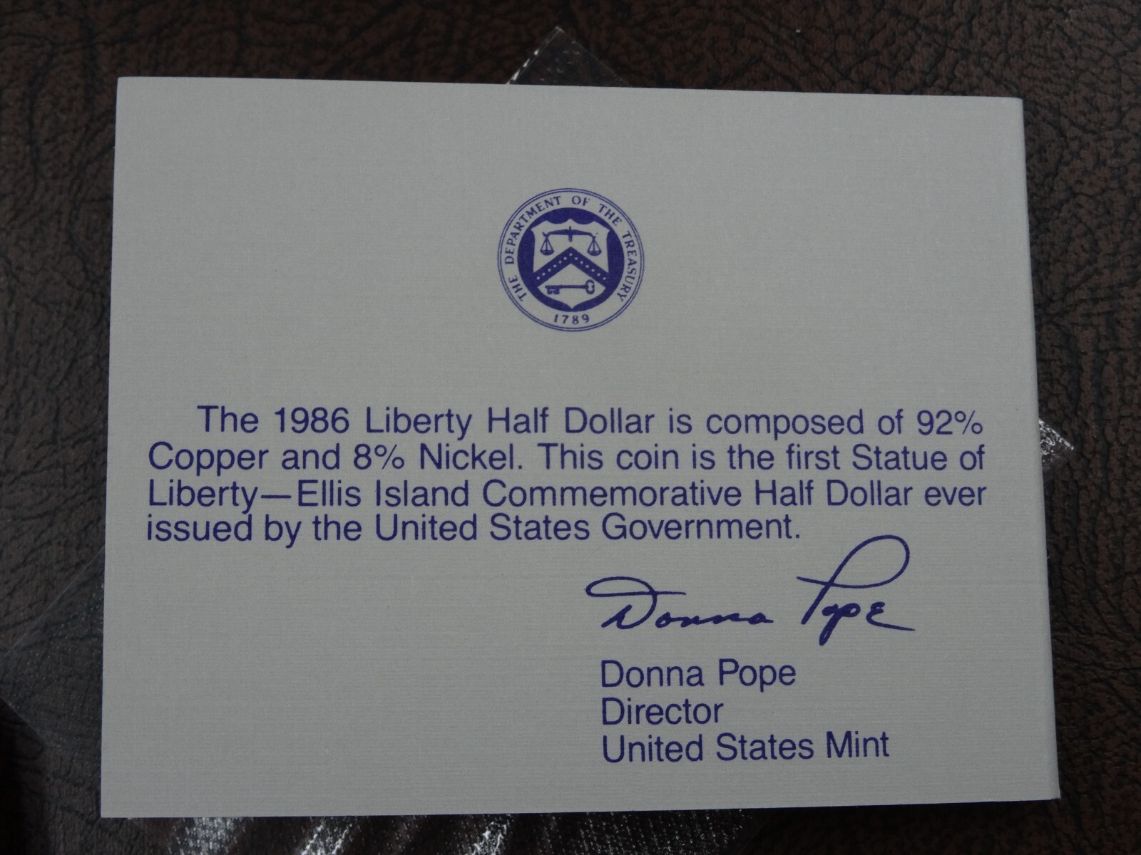 1986-D Statue of Liberty BU Unc Half Dollar US Mint Coin 50C OGP Box & COA