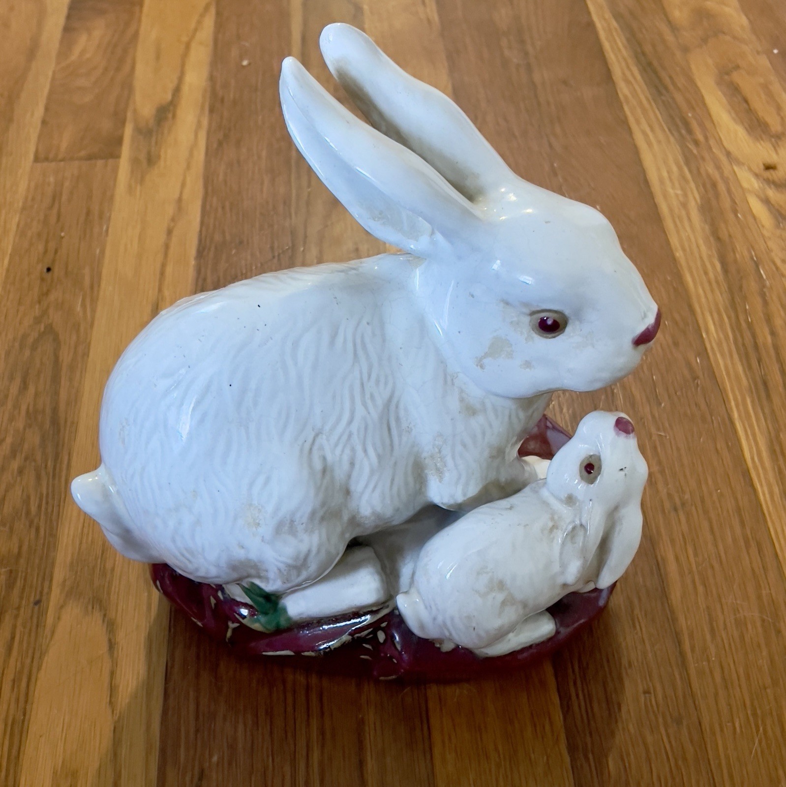 Majolica Rabbit & Baby Bunny vintage Japanese 10" tall 9" long 8" wide