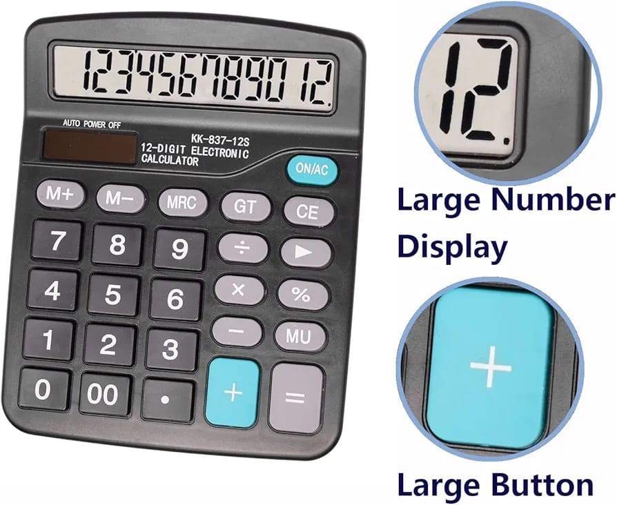 Dual Power Desktop Calculator – 12-Digit Large Display & Big Buttons
