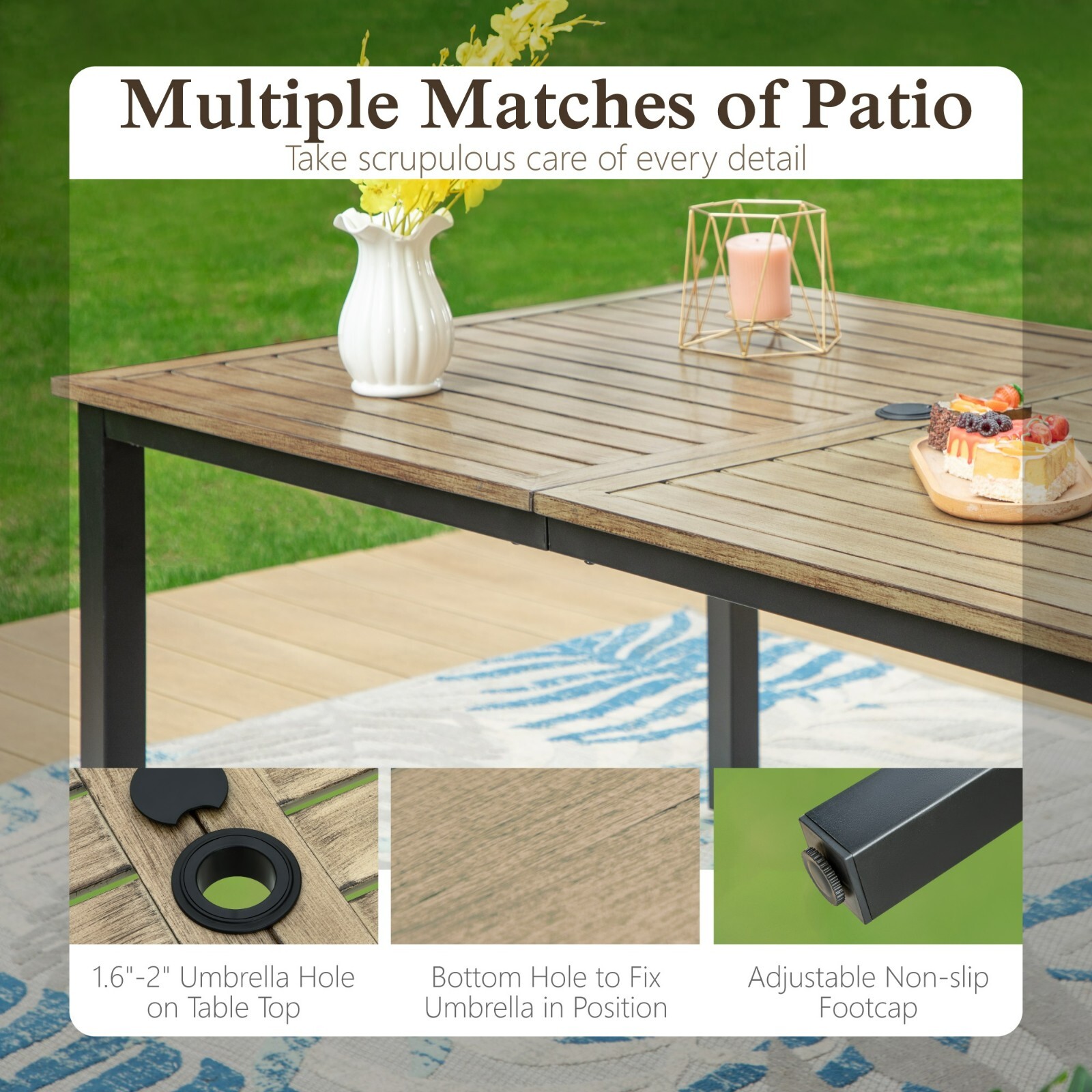 64" Patio Dining Table Metal Large Outdoor Table with Umbrella Hole Heavy Duty
