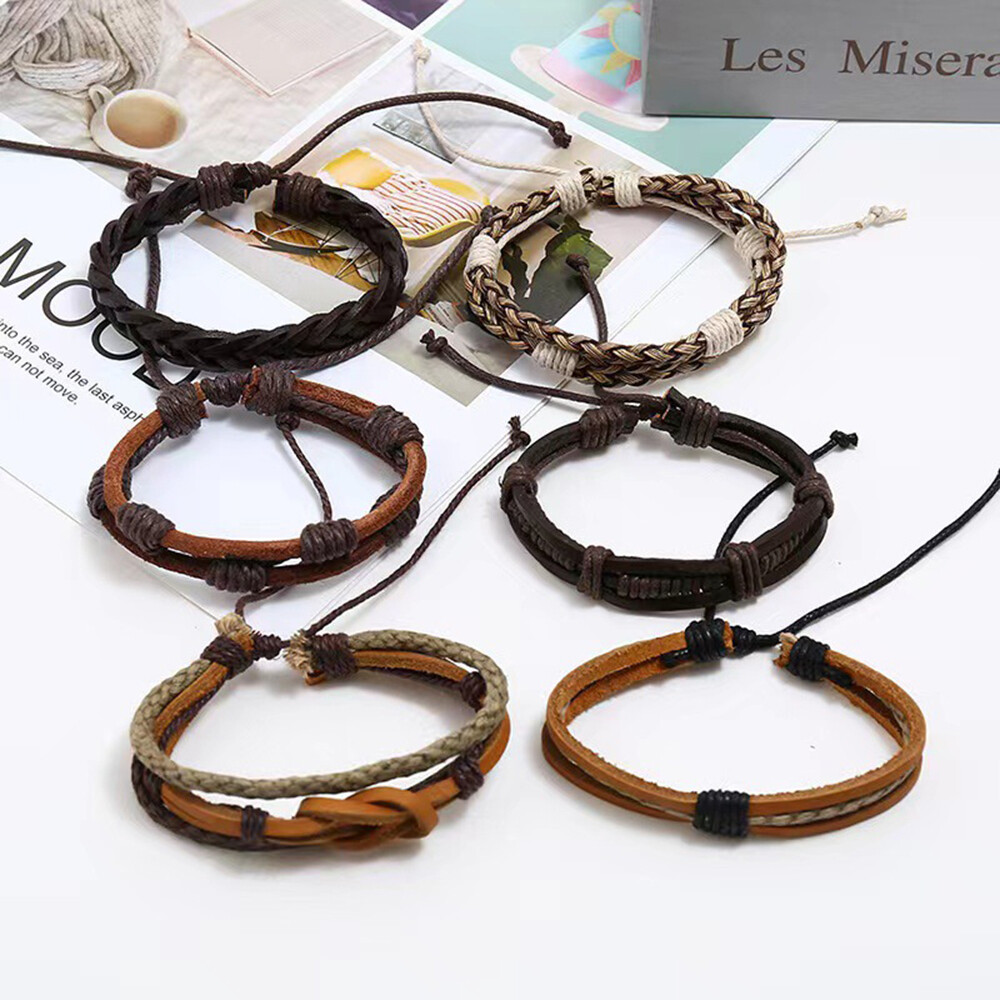 6/12PCS Men Women Braided Leather Rope Bracelet Set Wristband Bangle Tribal