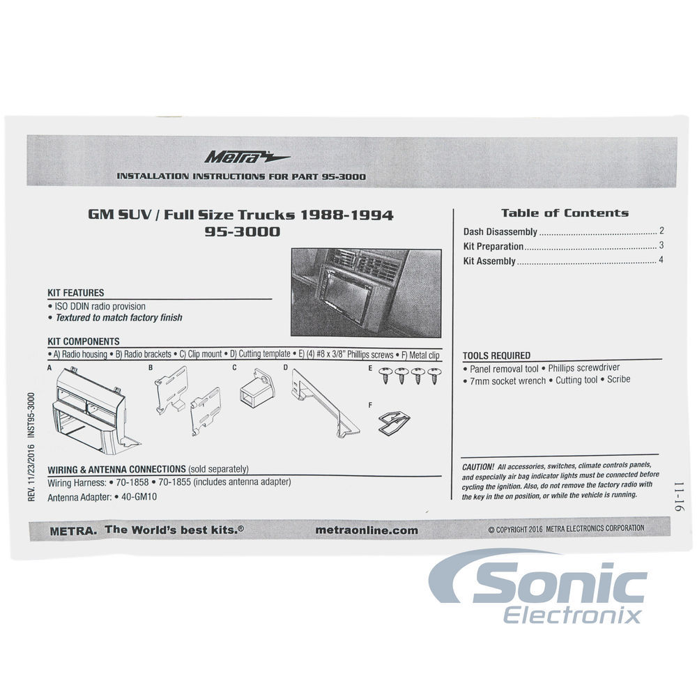 Metra 95-3000 Double DIN Dash Install Kit for Select 1988-1994 GM Trucks